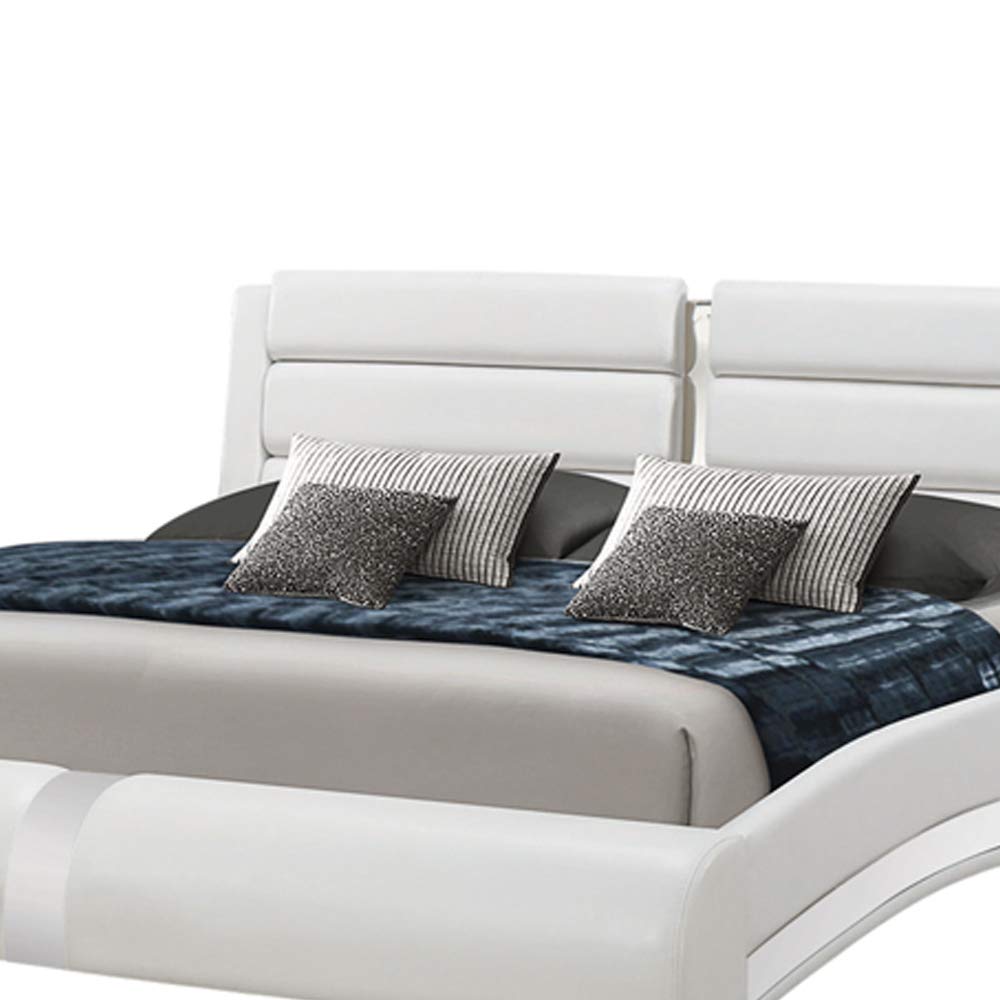 Benjara Curved Leatherette Queen Size Bed Frame with Cushioned Headboard - White Faux Leather Upholstered Platform Bed for Master Bedroom Decor