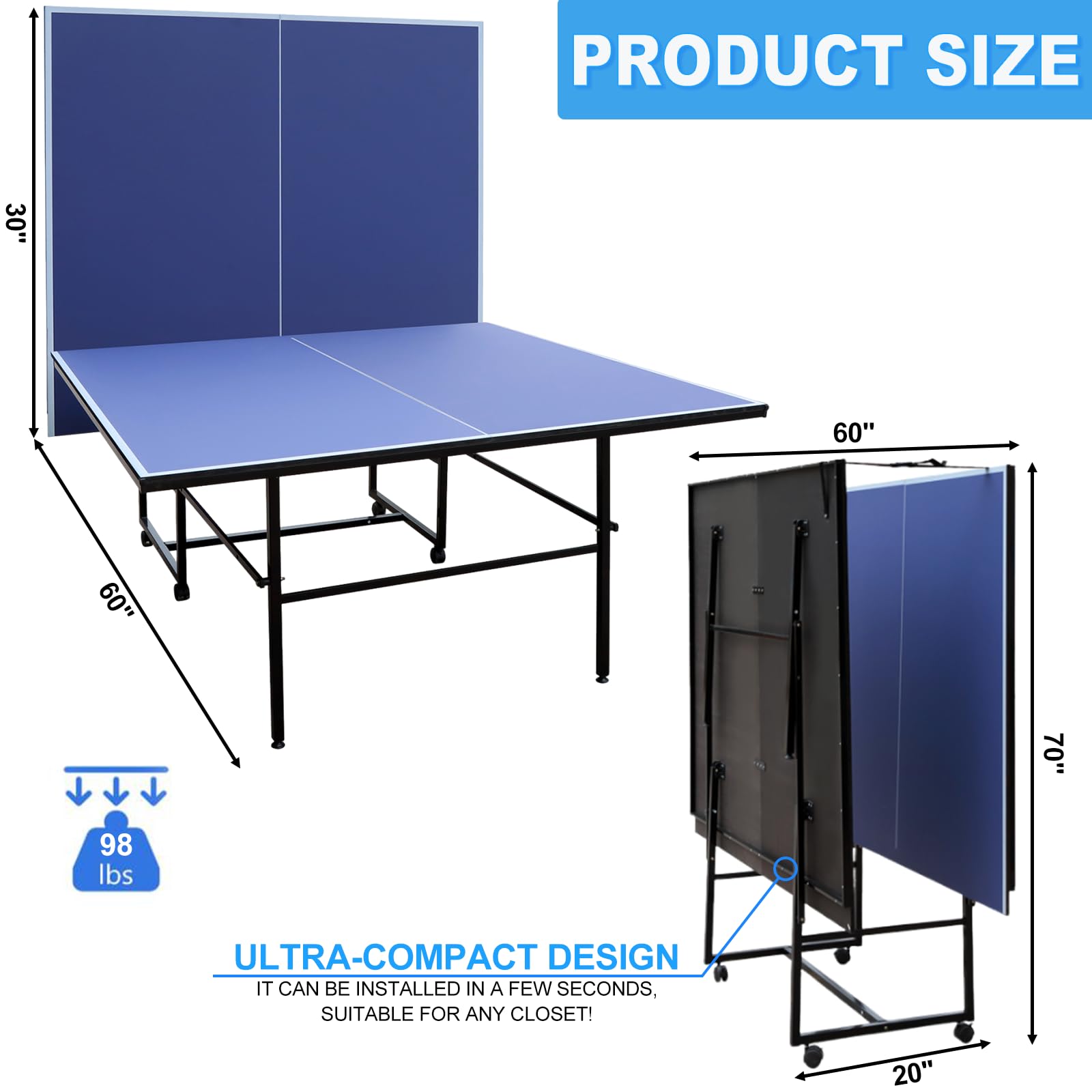 Portable Foldable Ping Pong Table Set with Net, 2 Paddles & 3 Balls - Weatherproof Indoor Outdoor Table Tennis for Backyard, Garage & Game Room Fun