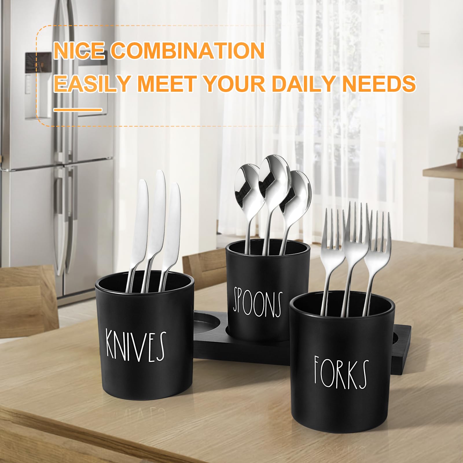 4-Piece Black Silverware Caddy with Wood Tray - Farmhouse Kitchen Utensil Holder for Countertop Organization - Perfect for Parties, Dining & Farmhouse Decor