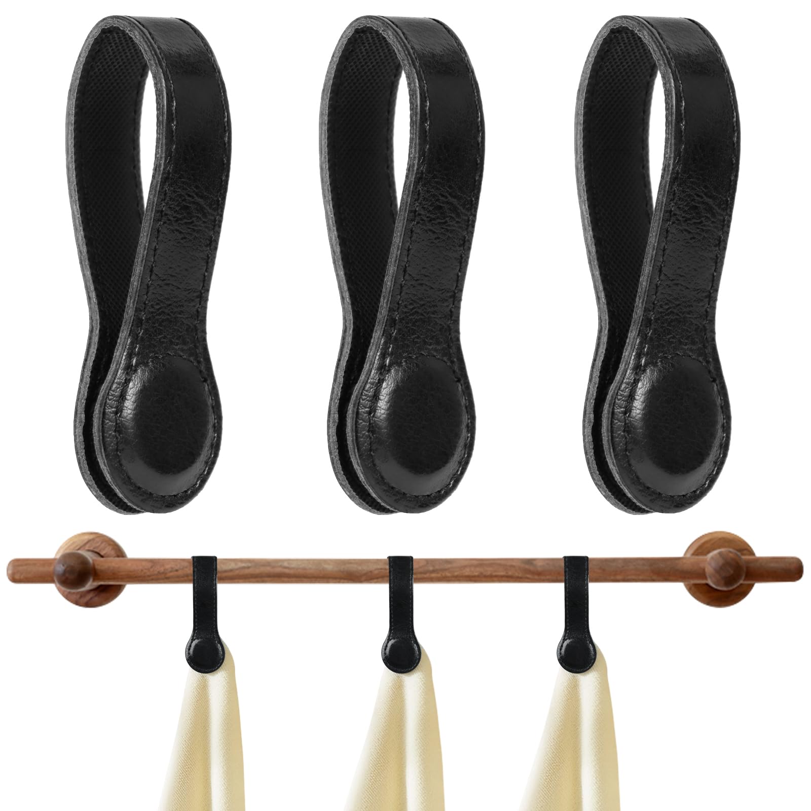 3 Pack Magnetic Leather Kitchen Towel Clips - Strong Multi-Purpose Hanging Hooks for Oven Handles, Rods & Racks - Perfect for Bathroom Hand Towels, Dish Towels & Kitchen Linens (Black) - Ideal for Home, RV & Camper Organization