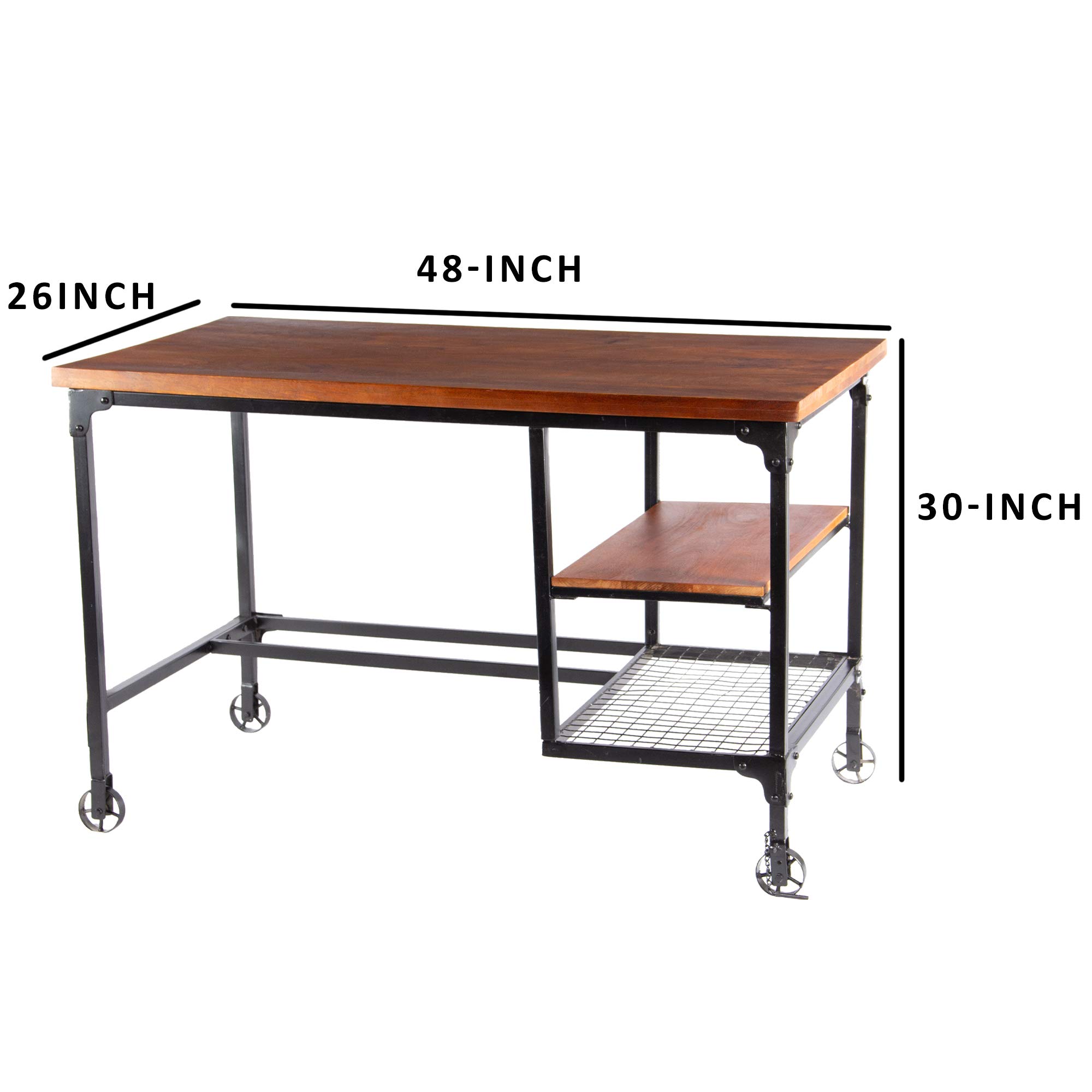 Industrial Wood and Metal Desk with Two Bottom Shelves - Brown & Black Home Office Furniture for Study, Work, or Gaming Station
