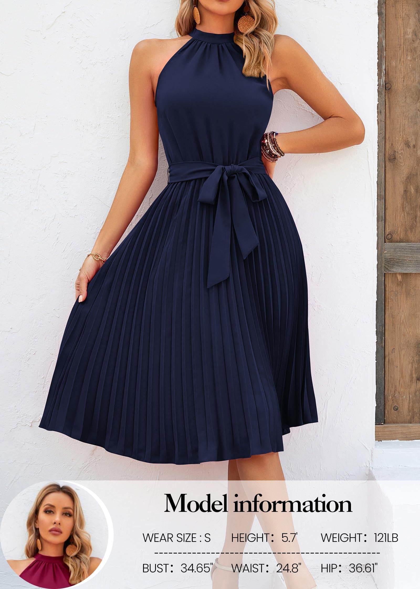 KIRUNDO Women's 2025 Summer Sleeveless Halter Neck Pleated Midi Cocktail Dress | A-Line Flowy Beach Sun Dress with Belt | Perfect for Parties, Vacations & Outdoor Events