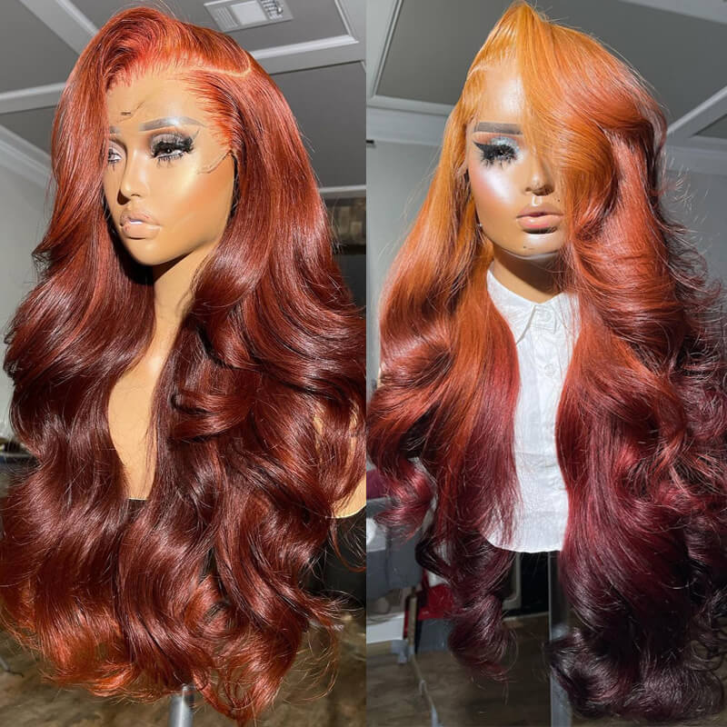 Eullair Flawless Ombre Coral Orange Copper Brown Body Wave Human Hair Wig with Lace Frontal - Sunset Copper Brown for Daily Wear, Parties & Special Occasions