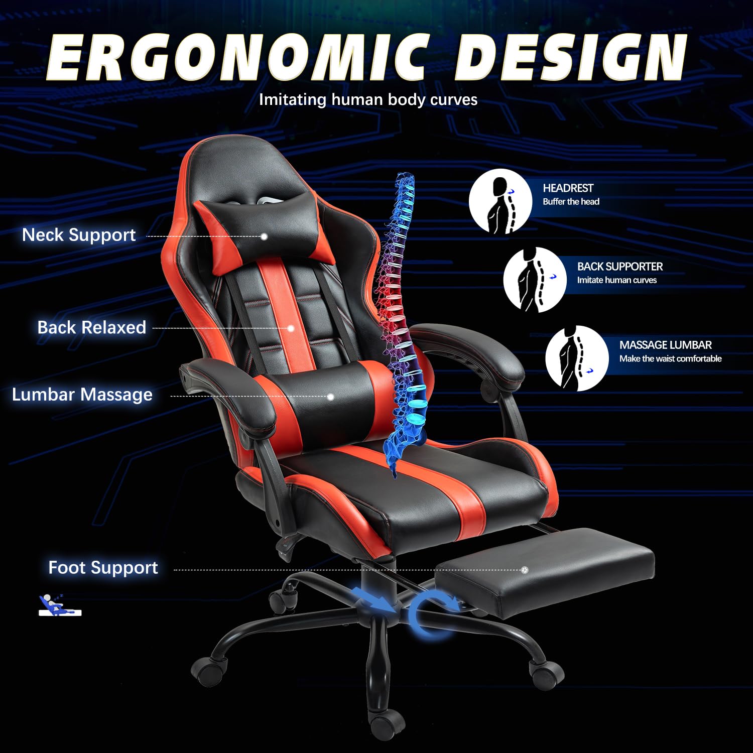 ECOTOUGE Ergonomic Massage Gaming Chair with Footrest - Adjustable High Back Office Desk Chair with Headrest & Lumbar Support, 360° Swivel - Perfect for PC Gaming, Home Office & Relaxation (Red)