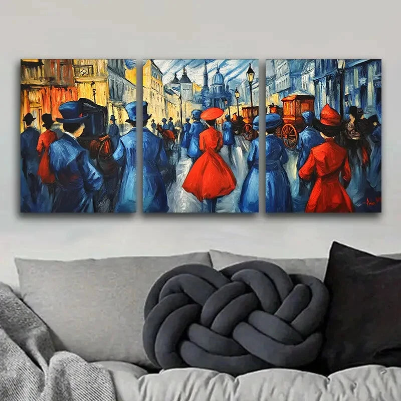 3-Piece Vibrant Market Scene Metal Wall Art - Red & Blue People Painting - Ready to Hang Canvas Print for Living Room, Bedroom & Office Decor
