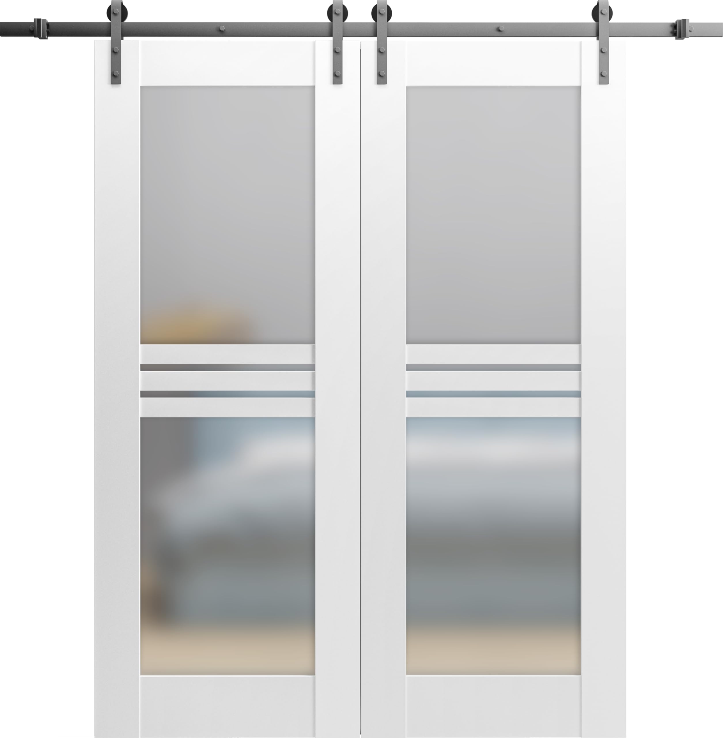 Modern Double Barn Door 56x80 Inches - Opaque Glass 4 Lites, White Silk/Stainless Steel Finish with 13FT Rail Track Set - Solid Panel Interior Sliding Doors for Bedroom, Closet, or Living Room Partition