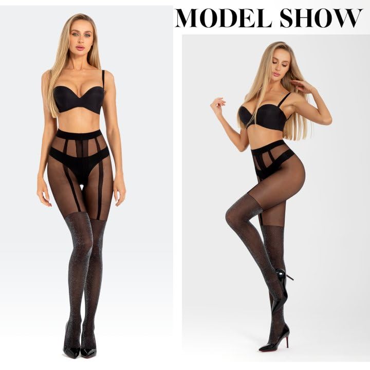 MANZI Women's Faux Suspender Pantyhose - Black Thigh High Stockings with Sparkly Over-the-Knee Design | Gothic Fashion, Night Out, Cosplay & Party Wear