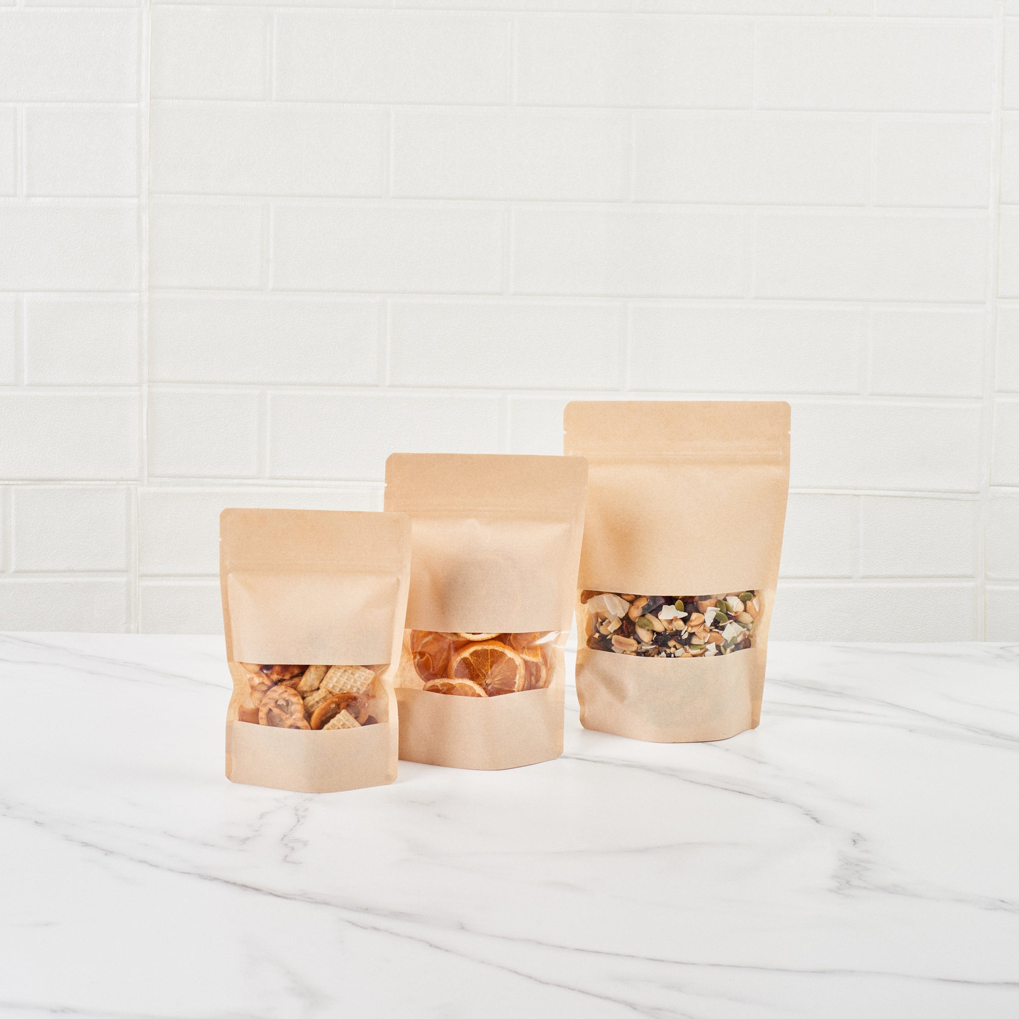 Kraft Plastic Large Window Bags with Heat Sealable Feature - 9 x 6 x 1.5 Inches - Pack of 100 - Perfect for Bakery, Coffee Beans & Retail Packaging