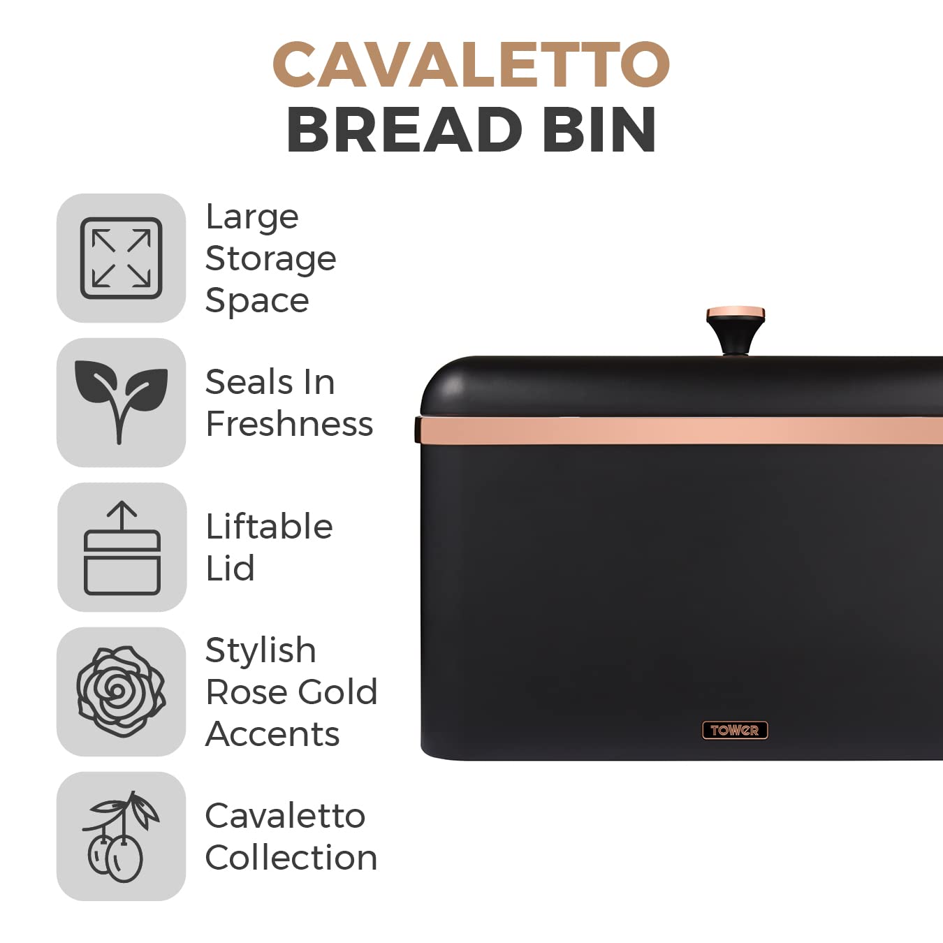 Premium Cavaletto Bread Bin with Removable Lid - Large Capacity Stainless Steel Bread Box for Kitchen Storage | Modern Black & Rose Gold Design | Perfect for Countertop Organization & Fresh Bread Keeping