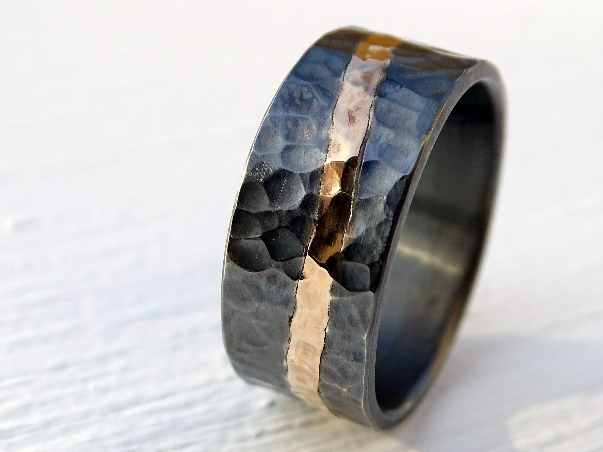 Forged Men's Viking Ring - Black Gold Wedding Band, Rustic Gold Wave Inlay, Perfect for Beach Weddings, Engagements, and Everyday Wear
