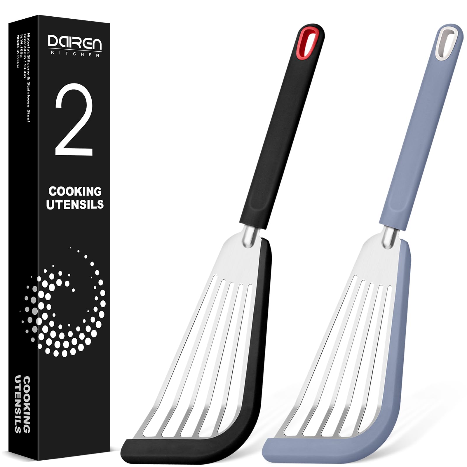 Premium Silicone Fish Spatula Set of 2 - Thin Slotted Nonstick Kitchen Turner for Eggs, Pancakes & Fish - Heat Resistant Flexible Stainless Steel Cooking Utensils - Perfect for Grilling, Frying & Baking at Home