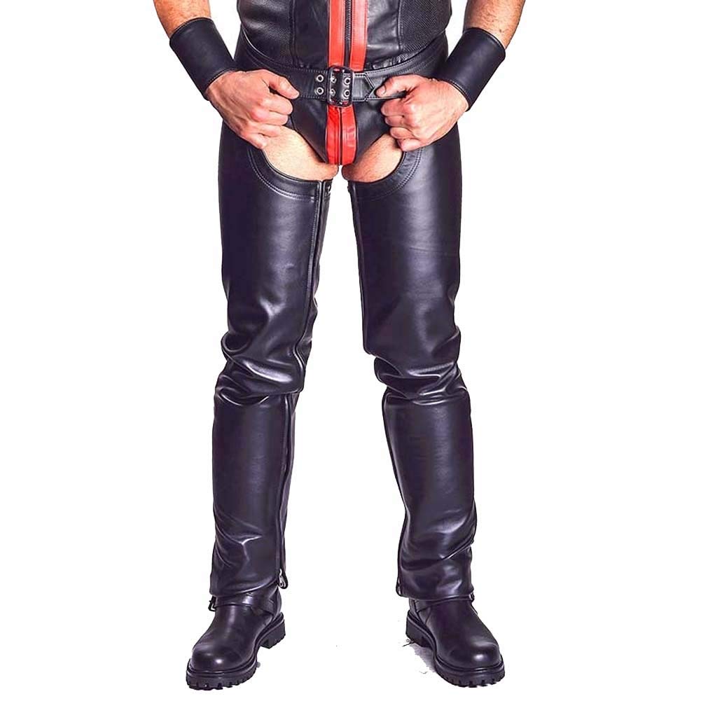 Men's Genuine Biker Leather Chaps with Red Stripes - Motorcycle Riding Gear for Harley Davidson & Cruiser Bikes - Perfect for Biker Events, Rallies & Motorcycle Enthusiasts