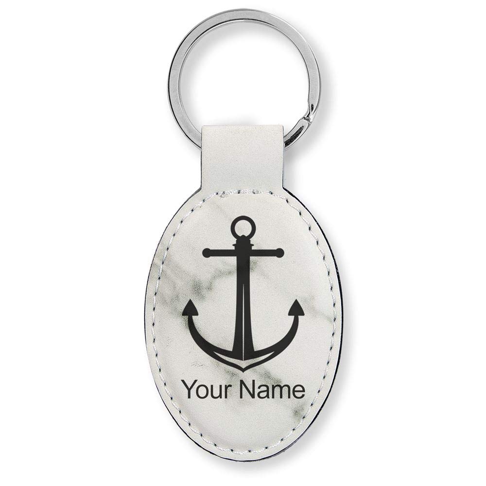 LaserGram Oval Keychain with Boat Anchor Design - Personalized Engraving Included (White Marble) | Perfect Gift for Boaters, Sailors & Nautical Enthusiasts