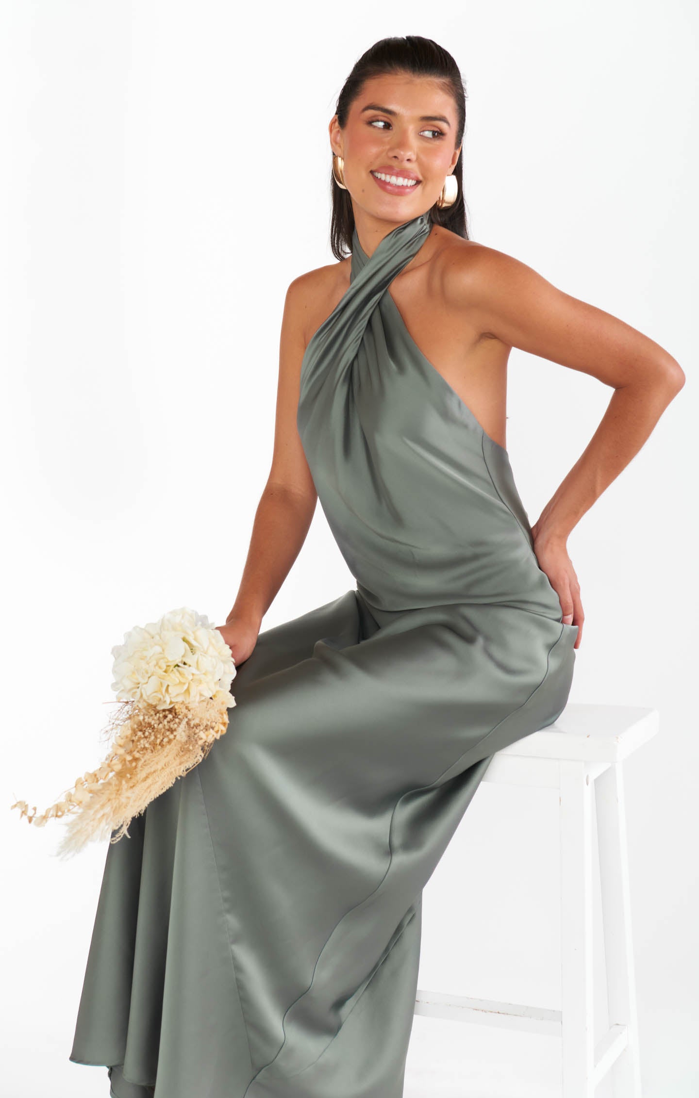 Luxury Deep Sage Satin Jasmine Halter Maxi Dress - Elegant Formal & Summer Wedding Guest Dress for Women