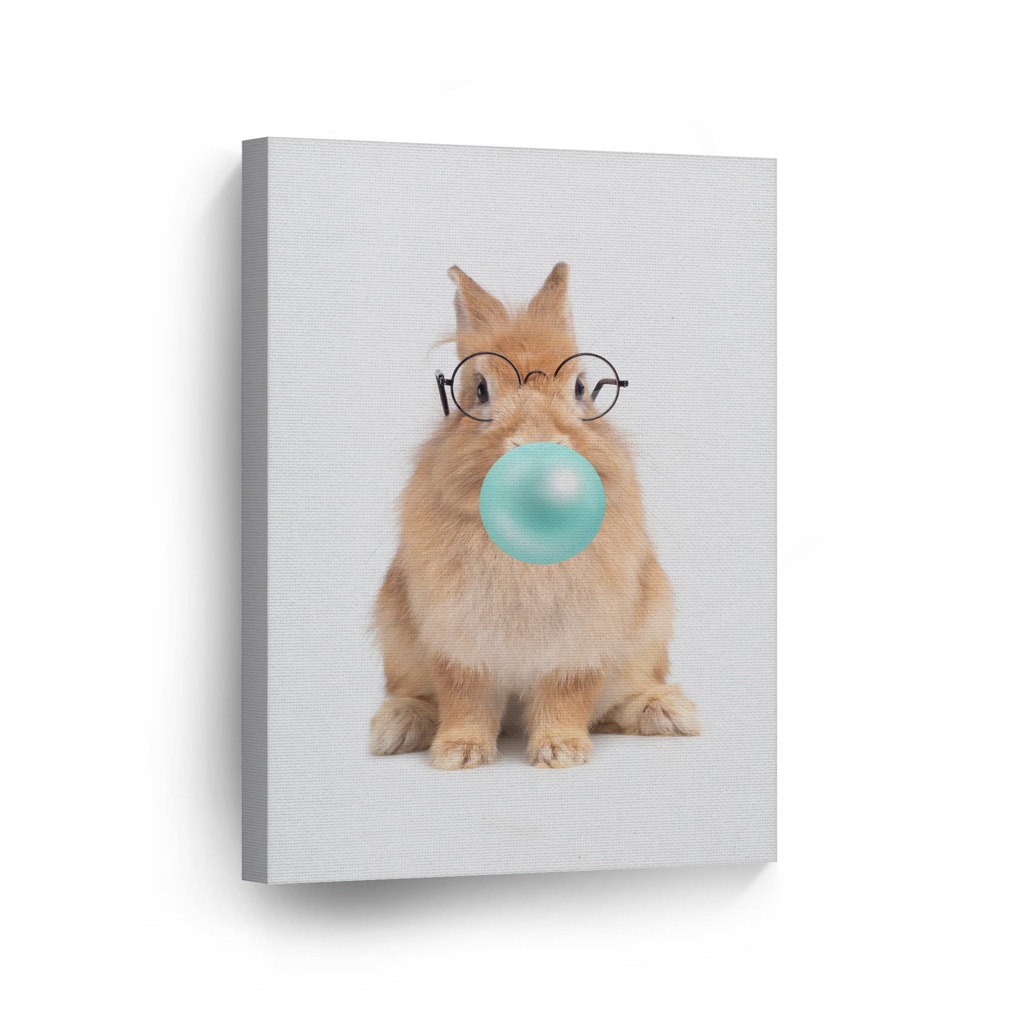 Smile Art Design Rabbit Portrait with Glasses Chewing Bubble Gum - Teal Blue Canvas Wall Art Print - Perfect Gift for Pet Rabbit Lovers & Animal Pop Art Enthusiasts - 40x30 Inch Modern Home Decor for Living Room, Bedroom, Nursery & Kids Room
