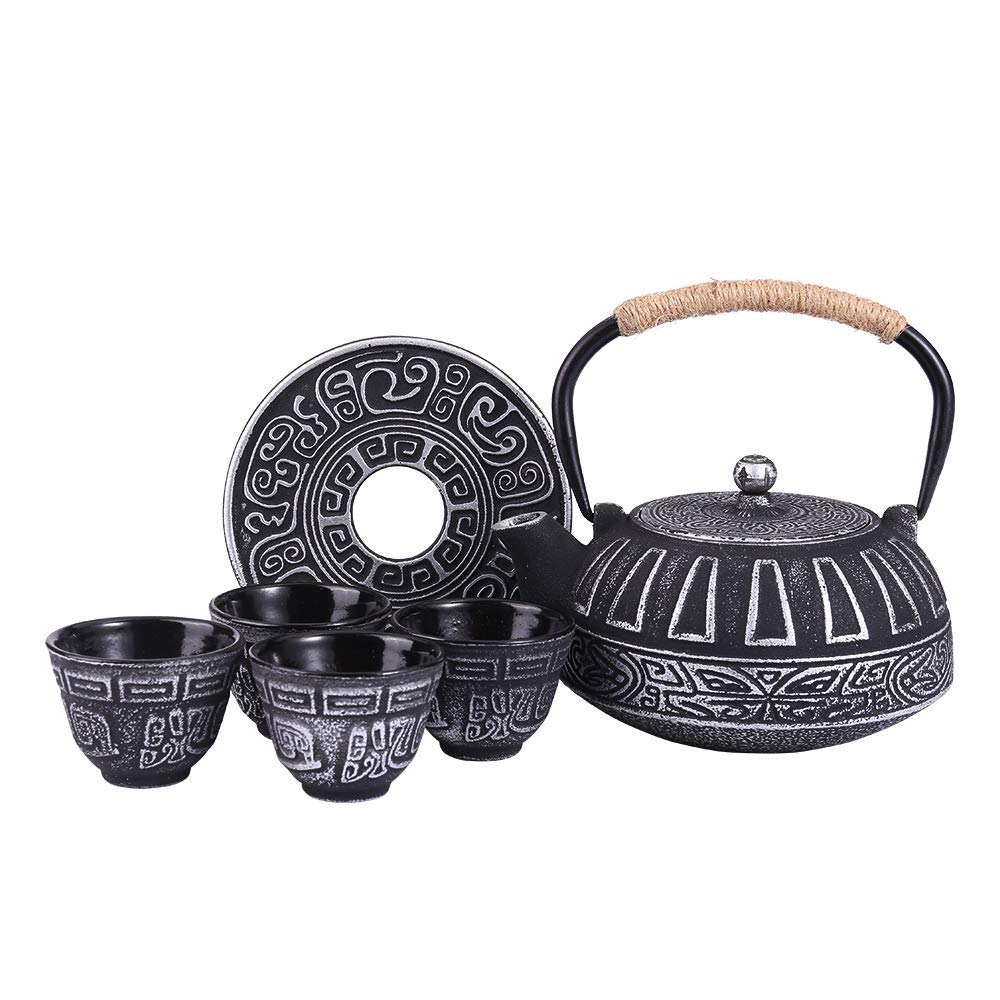 Premium Japanese Style Cast Iron Teapot Set with Infuser - 28oz Enameled Interior Tea Kettle & 4 Matching Teacups - Stovetop Safe Black Iron Teapot - Perfect for Tea Ceremonies, Home Decor & Thoughtful Gifts