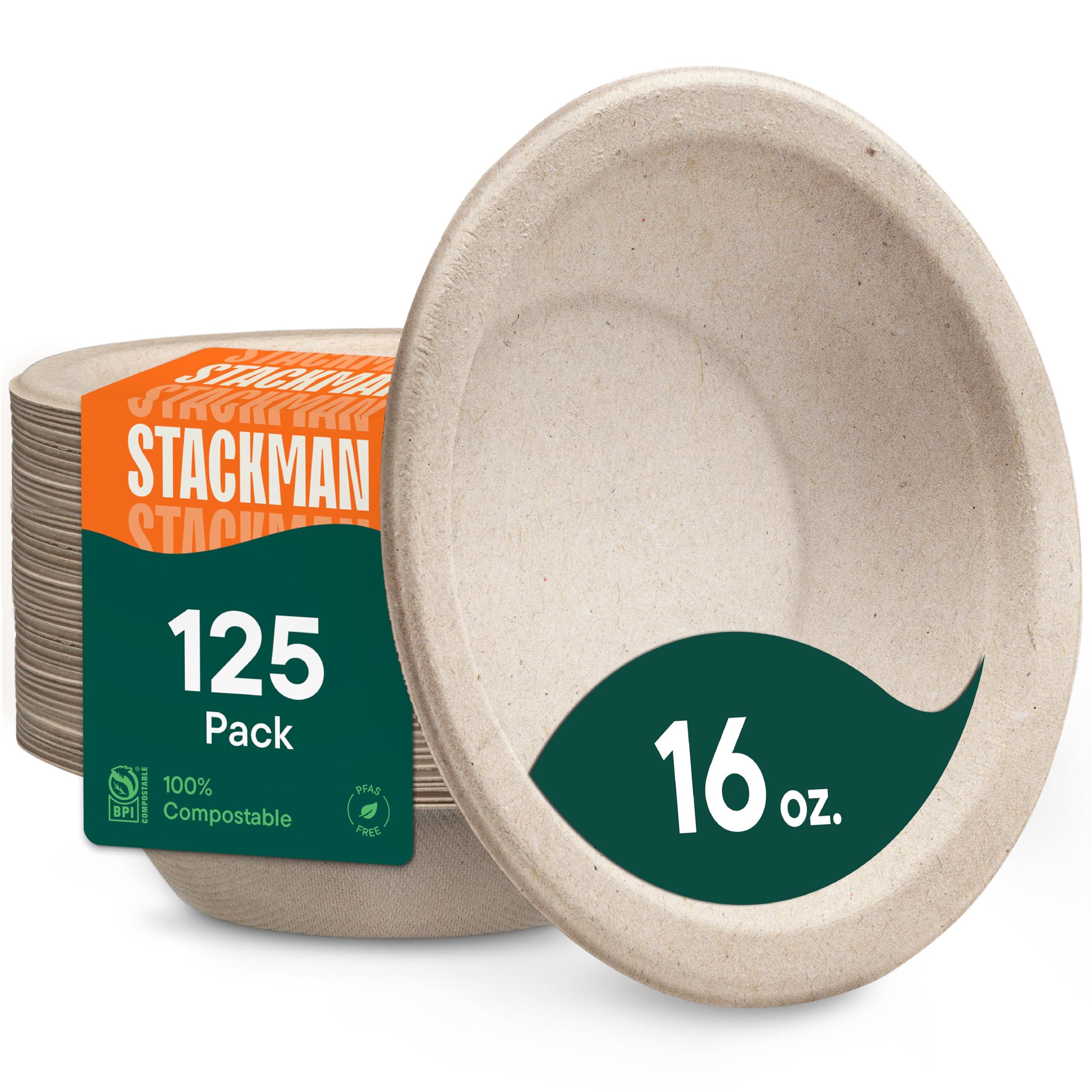 100% Compostable Disposable Paper Bowls [125-Pack] 16oz - PFAS-Free & BPI Certified Eco-Friendly Soup Bowls for Hot Food | Heavy Duty Biodegradable Bagasse Bowls | Perfect for Parties, Picnics, Takeout & Restaurants | Natural Brown