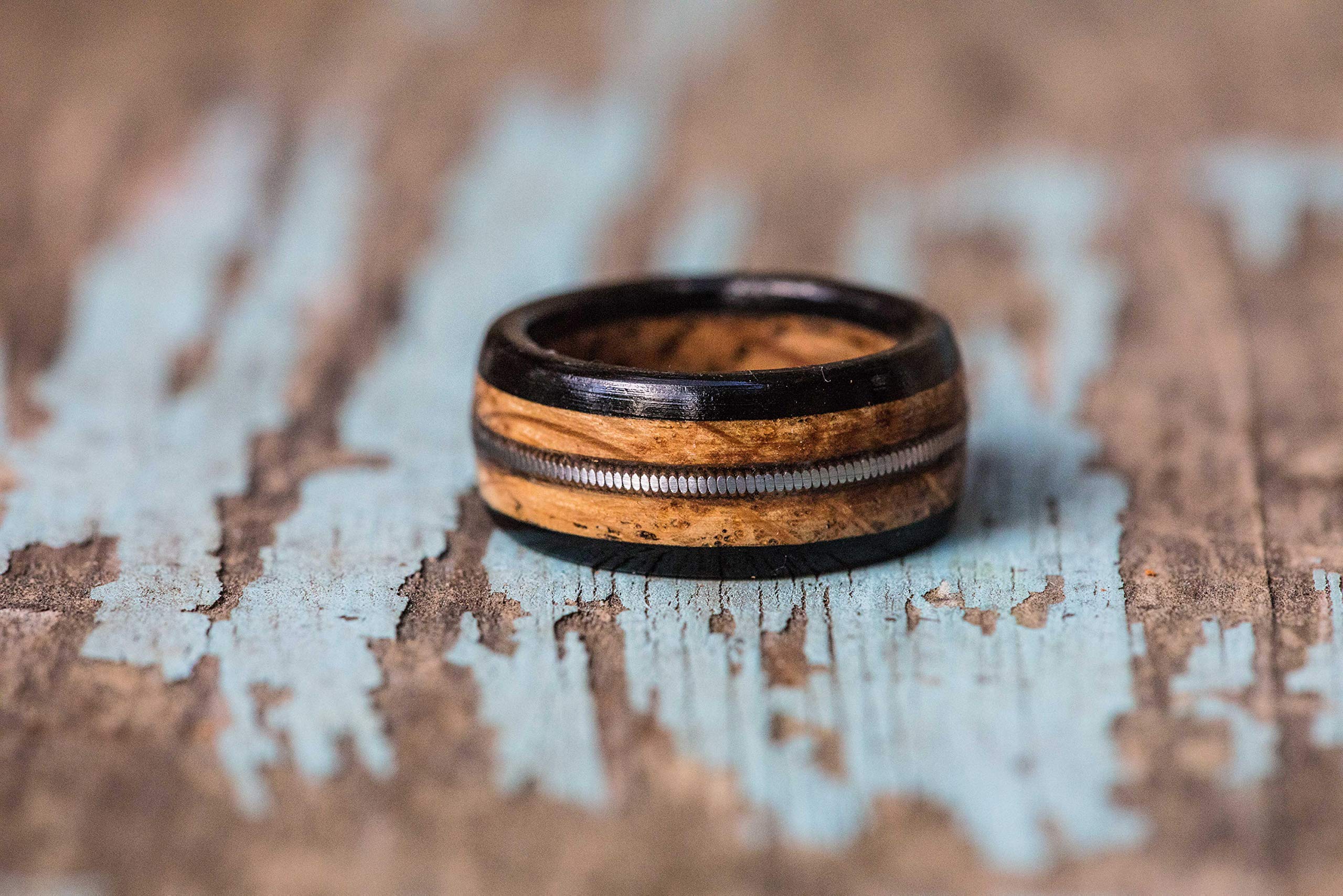 Handmade Whiskey Barrel Guitar String Ebony Wood Ring for Men - Unique Rustic Wedding Band, Anniversary Gift for Him - Perfect for Musicians, Bourbon Lovers & Outdoor Enthusiasts
