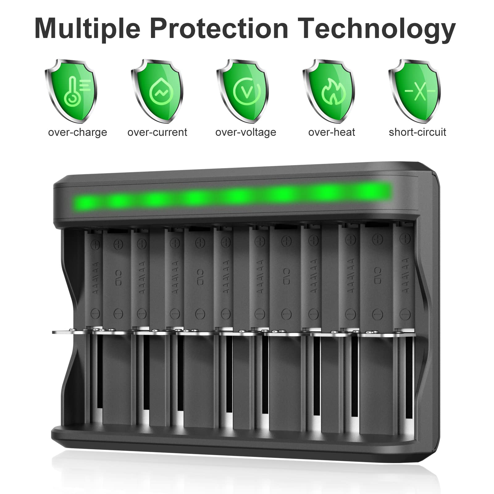 BONAI 8 Bay AA AAA C D SC Battery Charger - High-Speed USB Charger for Ni-MH Ni-CD Rechargeable Batteries with Smart Detection | Home & Office Use for Electronics, Toys, Flashlights & More