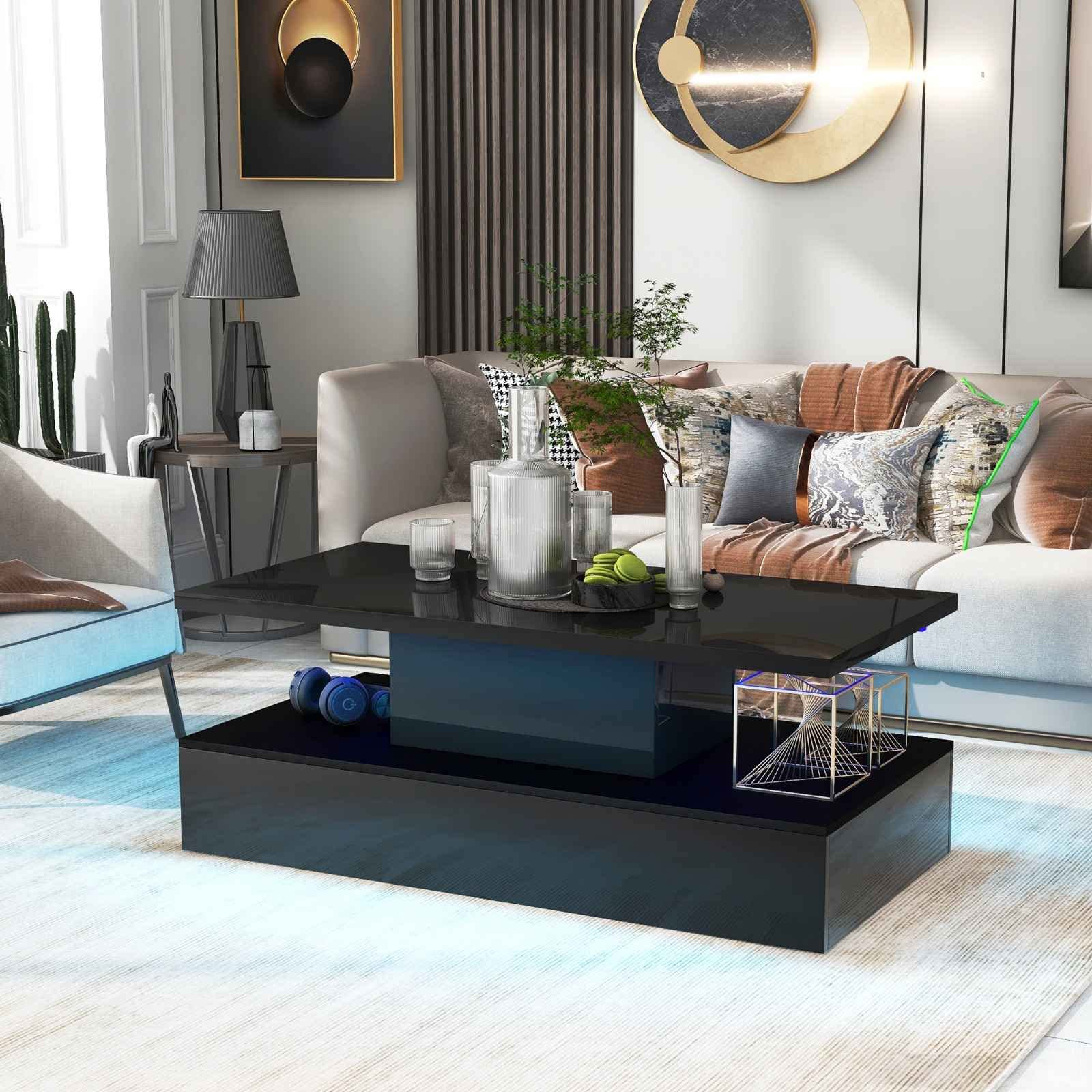 Modern LED Coffee Table with Remote Control - Rectangle Side Sofa Table for Living Room, Bedroom & Office - Adjustable Lighting for Home Decor & Entertainment