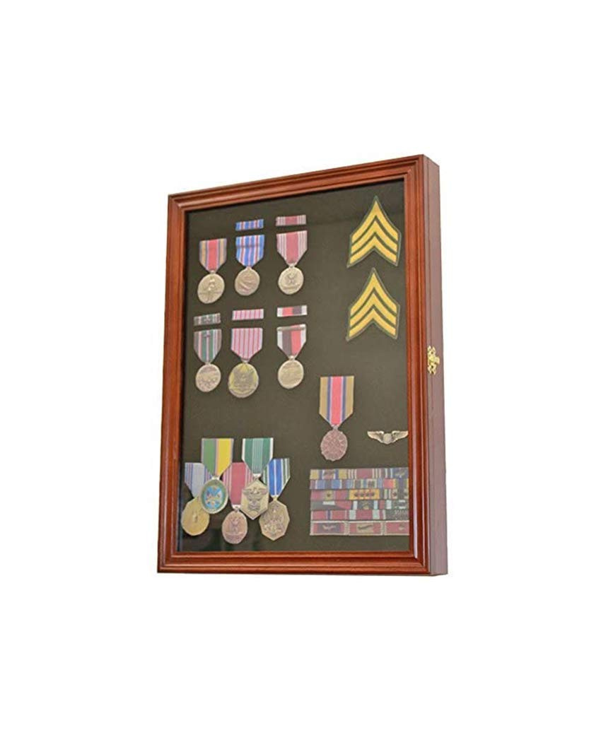 Walnut Finish Display Case Wall Frame Cabinet for Military Medals, Pins, Patches, Insignia, Ribbons & Brooches - Perfect for Home, Office or Military Memorabilia Showcase