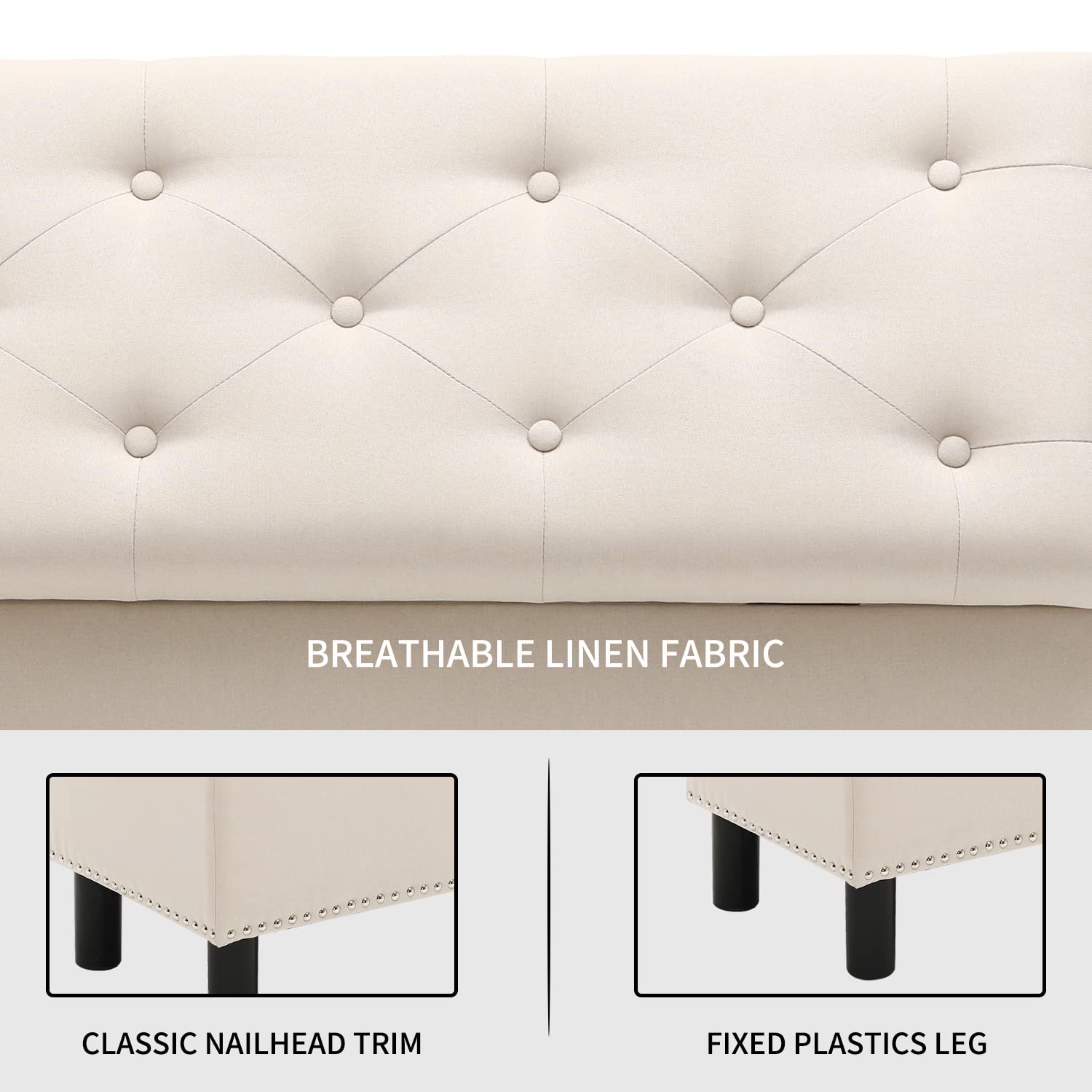 Furnimart 42.5 Inch Upholstered Storage Ottoman Bench with Flip Top - Tufted Linen Blanket Chest for Bedroom, Living Room & Entryway - Beige | Space-Saving Furniture for Small Spaces & Home Organization
