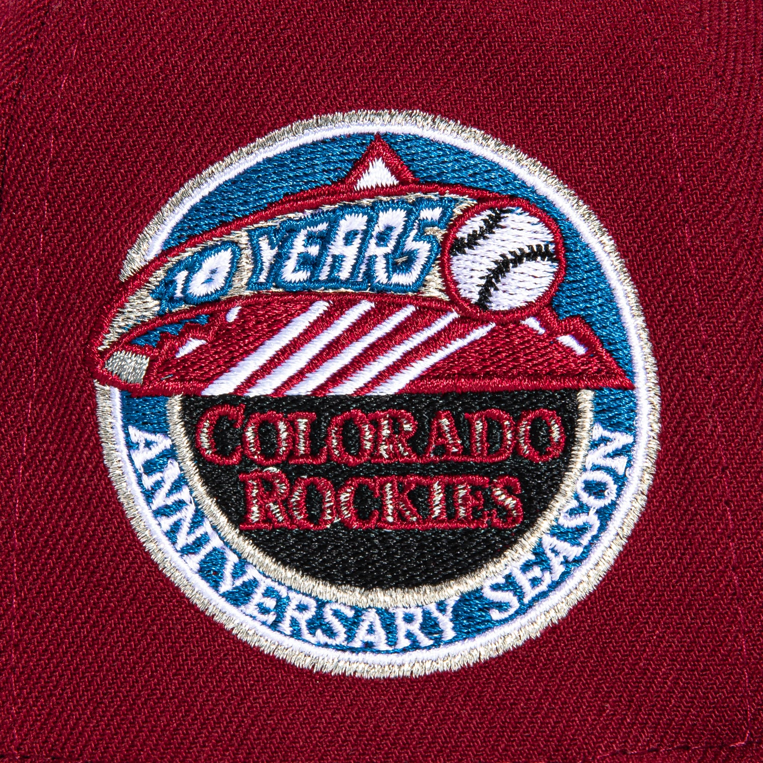 New Era 59Fifty Colorado Rockies 10th Anniversary Patch Logo Baseball Cap - Cardinal & Indigo Colors | Perfect for Baseball Games, Sports Fans & Streetwear Fashion