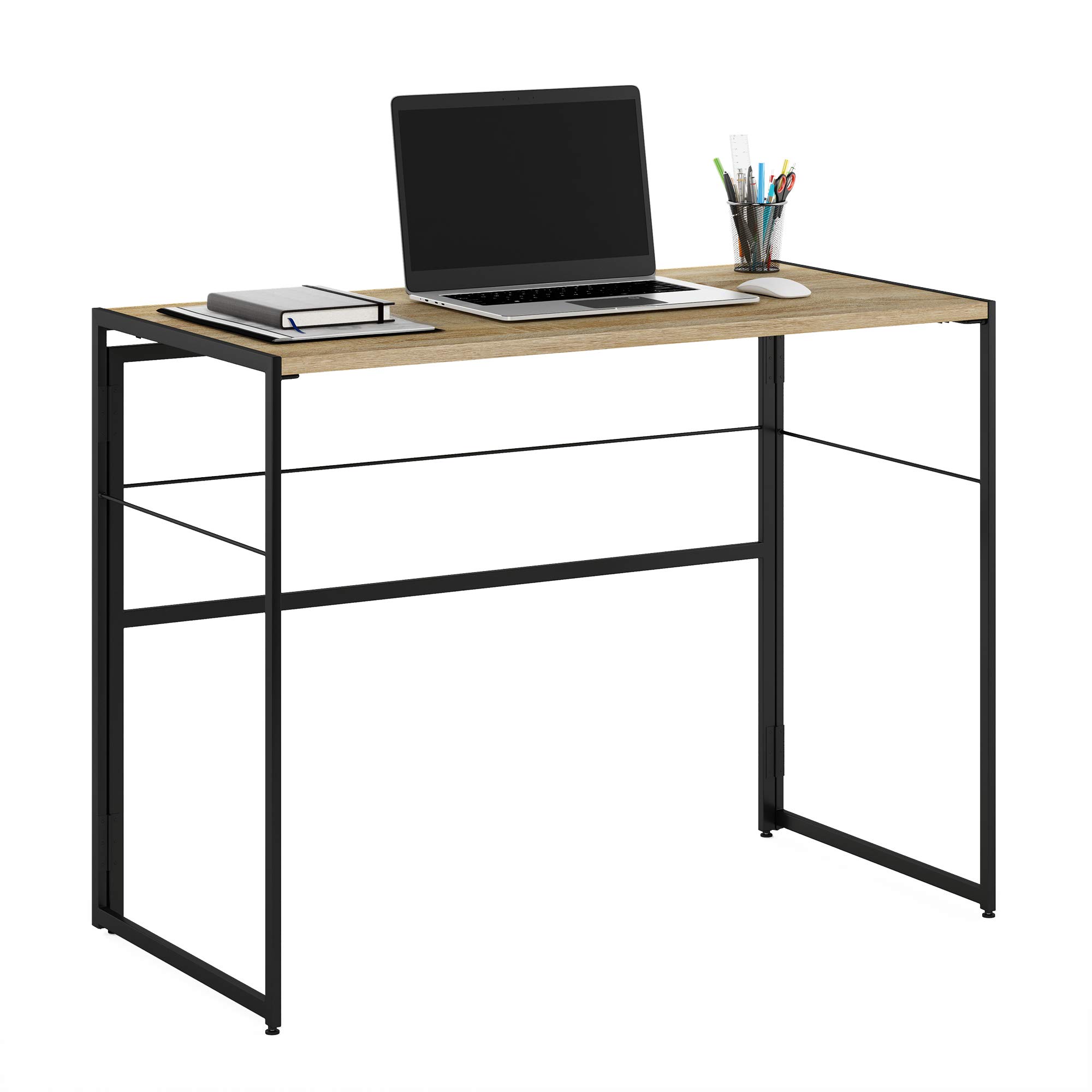Furinno Riau No-Tool Assembly Folding Metal Computer Desk - 39 Inch, Sonoma Oak & Black Finish | Perfect for Home Office, Gaming & Small Spaces