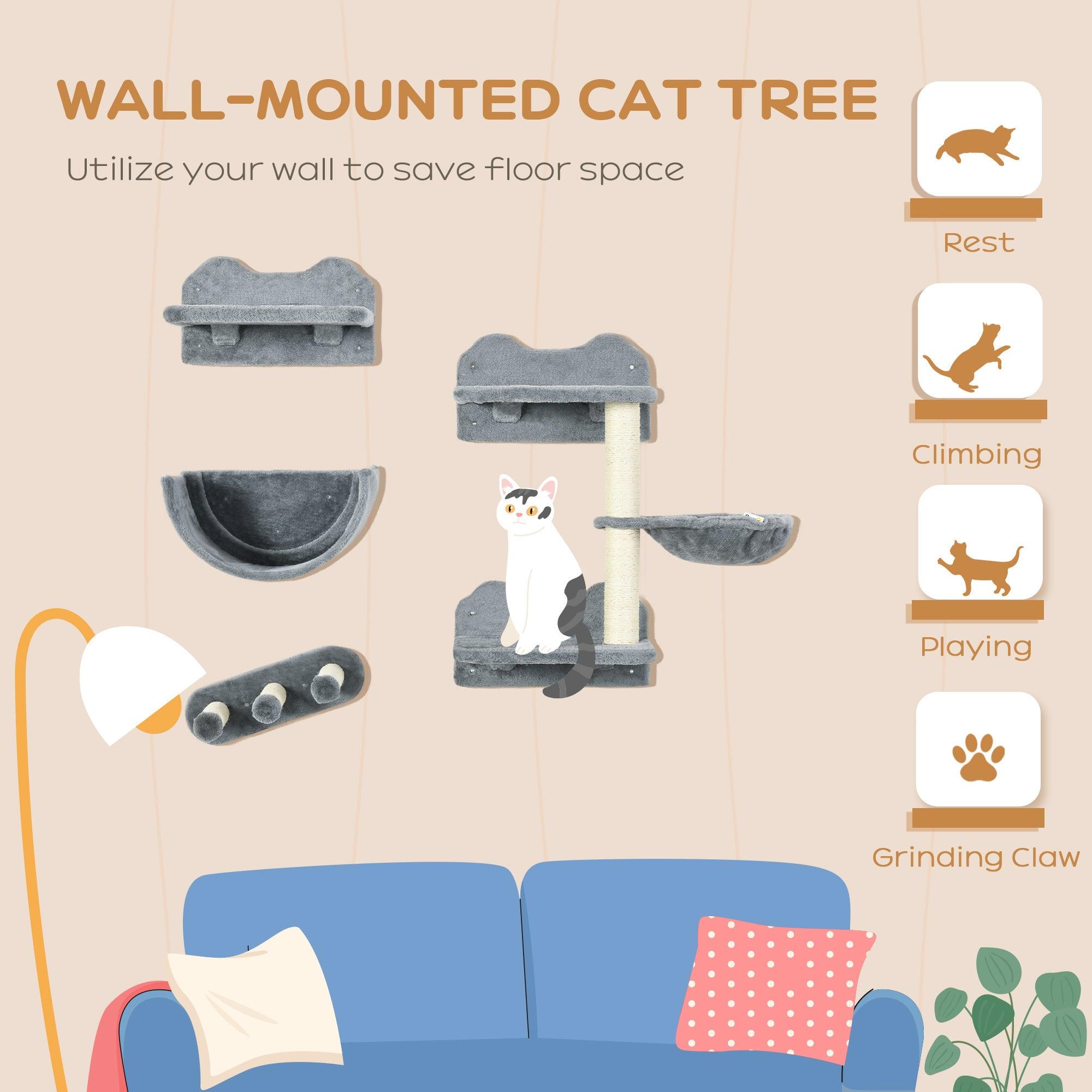 4-Piece Cat Wall Shelves Set with Hammock, Scratching Post & 3 Steps - Climbing Perch for Cats to Sleep & Play - Space-Saving Gray Cat Furniture for Small Apartments & Pet-Friendly Homes