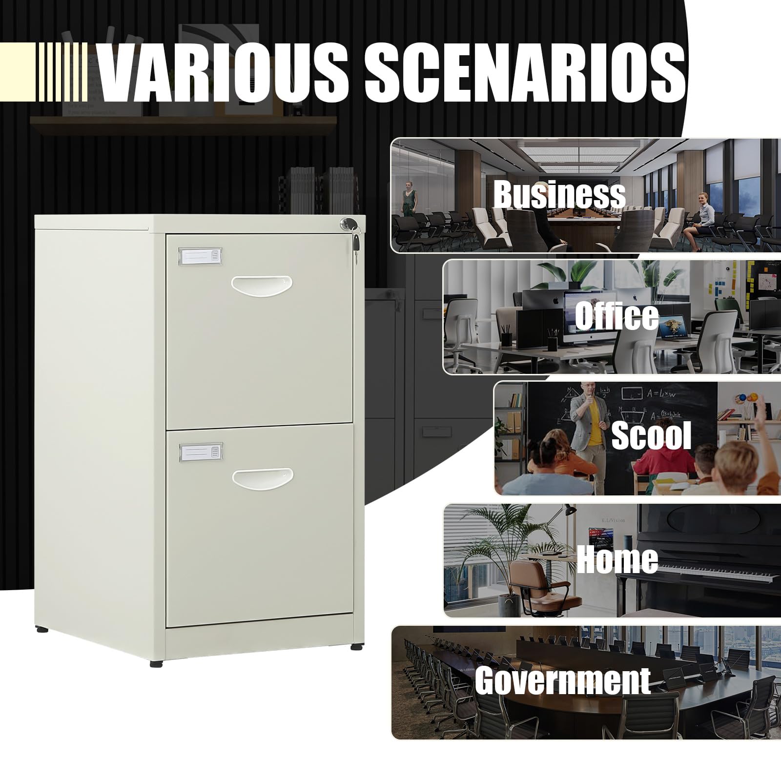 2-Drawer Metal File Cabinet with Lock - Heavy Duty Vertical Office Filing Cabinet for A4 Letter/Legal Documents - Beige Steel Storage Cabinet (Assembly Required) - Perfect for Home Office, Business, School & Legal Document Organization