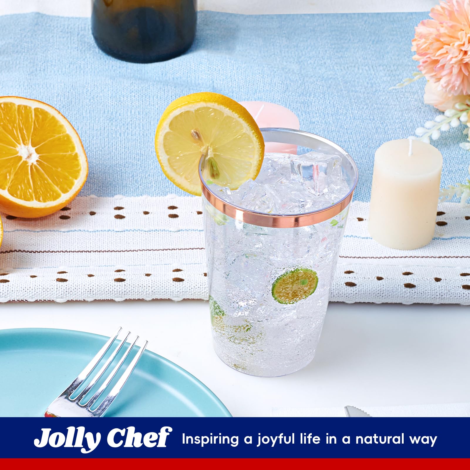 JOLLY CHEF 100 Pack 12 oz Rose Gold Rim Clear Plastic Cups - Elegant Disposable Tumblers for Wedding, Party, Birthday, Baby Shower & Bridal Shower - Perfect for Cocktails, Juice, Soda & Beverages