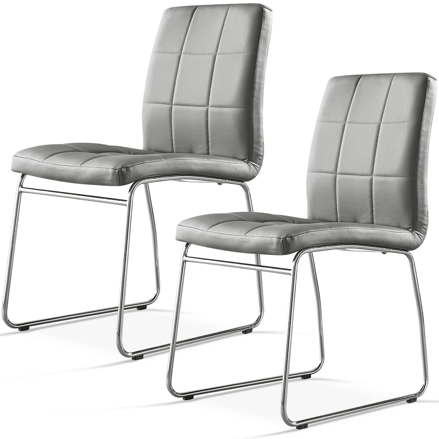 Modern Grey Faux Leather Dining Chairs Set of 2 - Comfortable Kitchen & Dining Room Chairs with Chrome Legs - Perfect for Home, Office, Restaurant & Waiting Areas