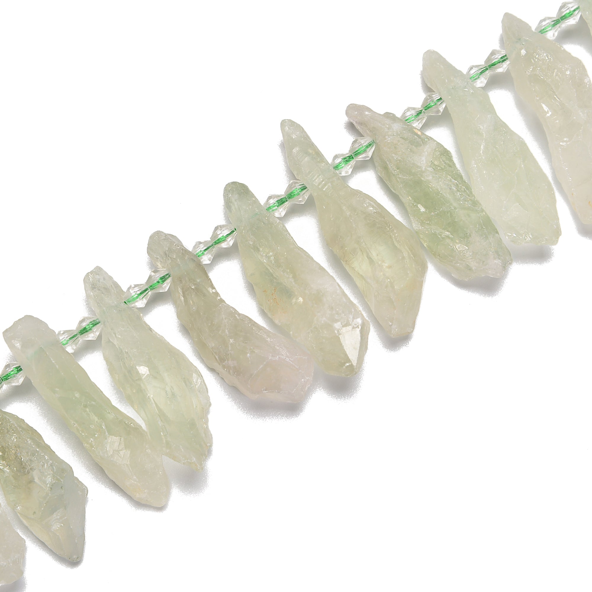 Natural Light Green Quartz Beads - 15x50mm Rough Top Drill Points, 15.5