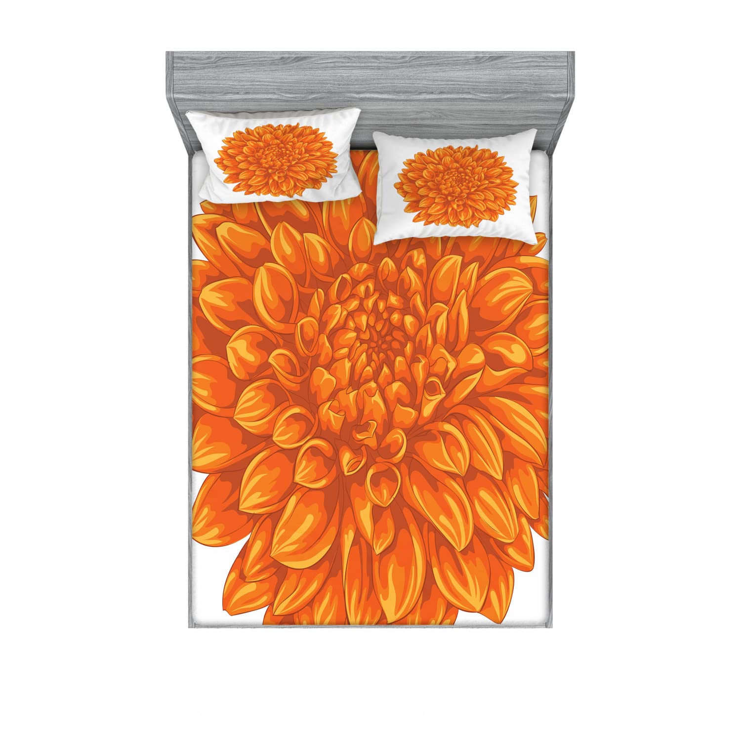 Ambesonne 2-Pack Queen Size Fitted Sheet Set with 4 Pillow Shams - Vibrant Orange Dahlia Floral Pattern Bedding for Master Bedroom & Guest Room Decor