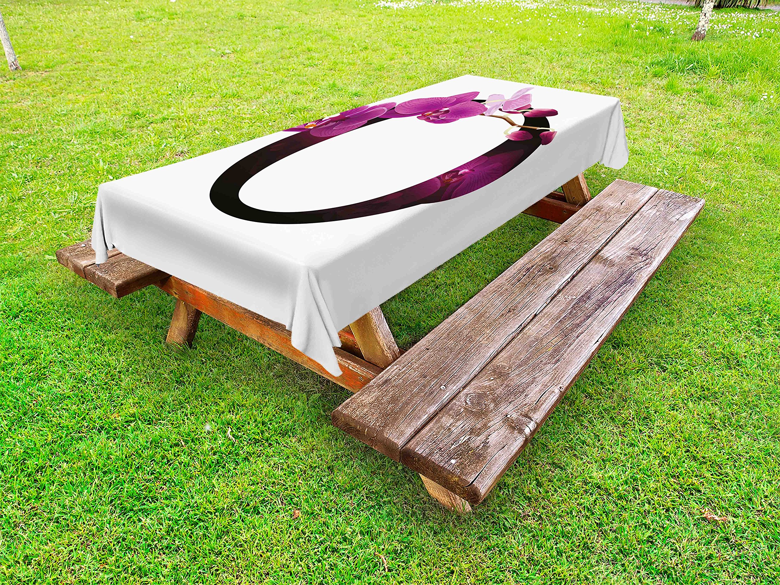 Ambesonne Letter O Outdoor Picnic Tablecloth - Washable Waterproof Fuchsia Black 58x104 Inches - Orchid Flower Alphabet Design for Garden, Patio, BBQ, and Party Decorations