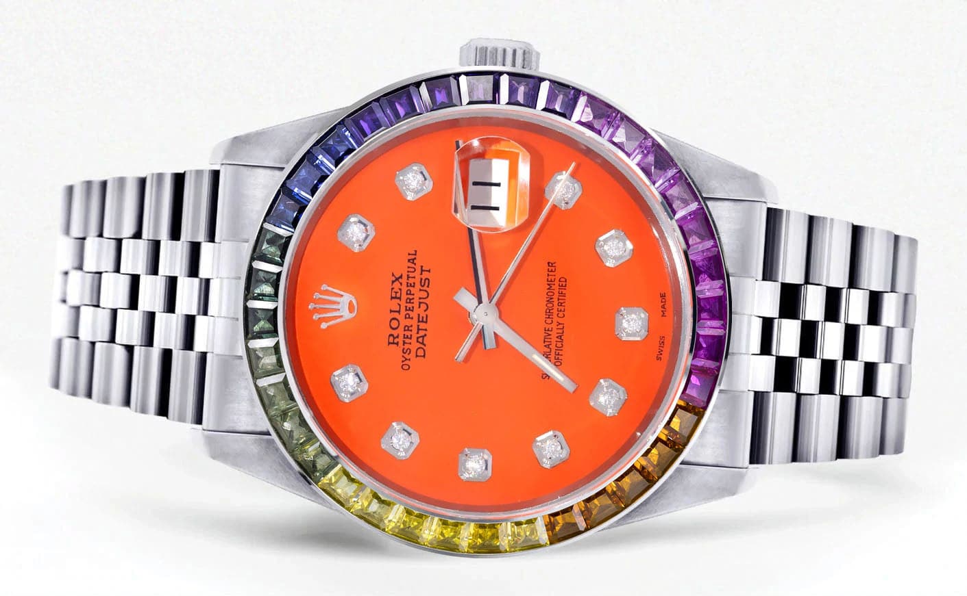 Luxury Men's Rolex Datejust 16200 Watch - 36mm Stainless Steel Case, Rainbow Sapphire Bezel & Orange Dial with Jubilee Bracelet - Perfect for Business, Gifts & Special Occasions