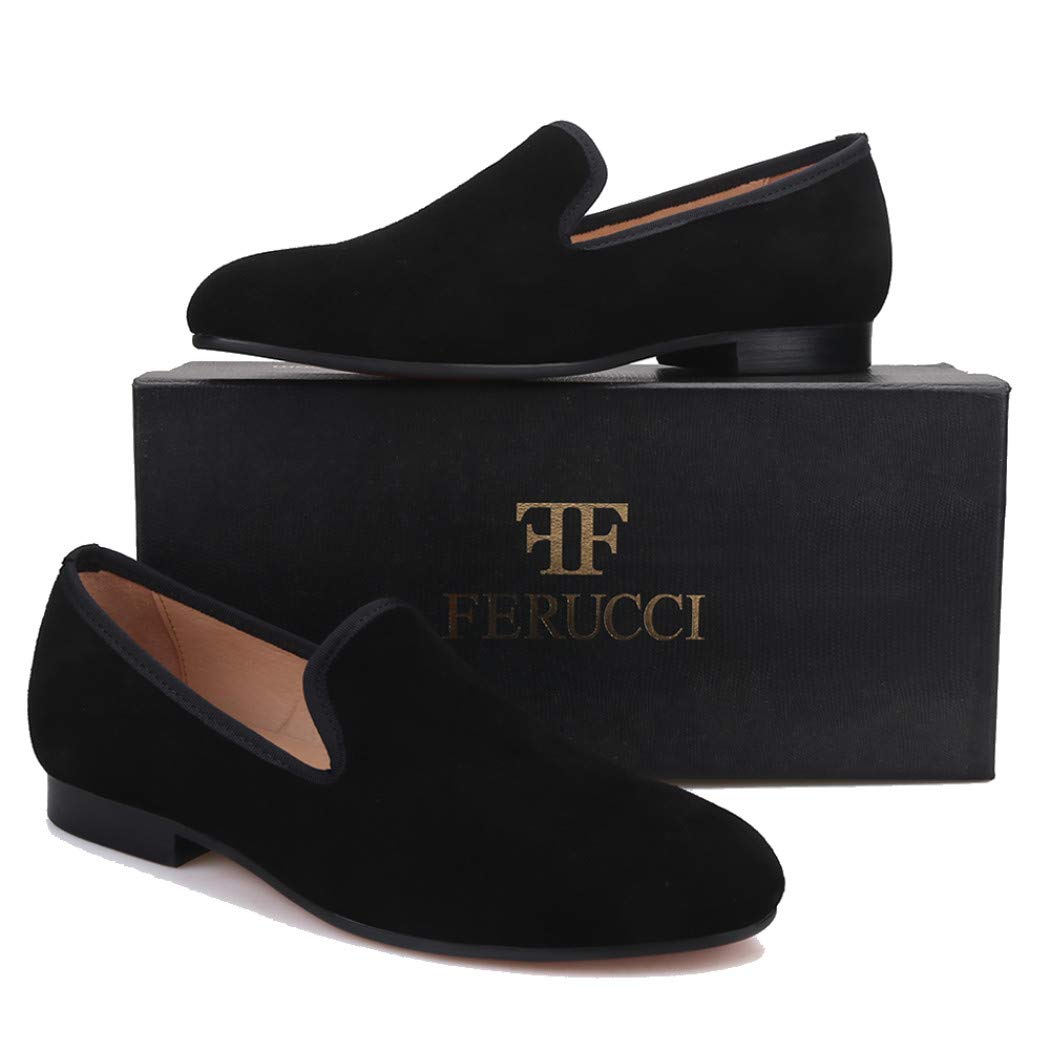 FERUCCI Men's Black Suede Loafers - Comfortable Slip-On Dress Shoes for Wedding, Prom & Formal Occasions | Breathable Casual Slippers for Home, Office & Evening Events
