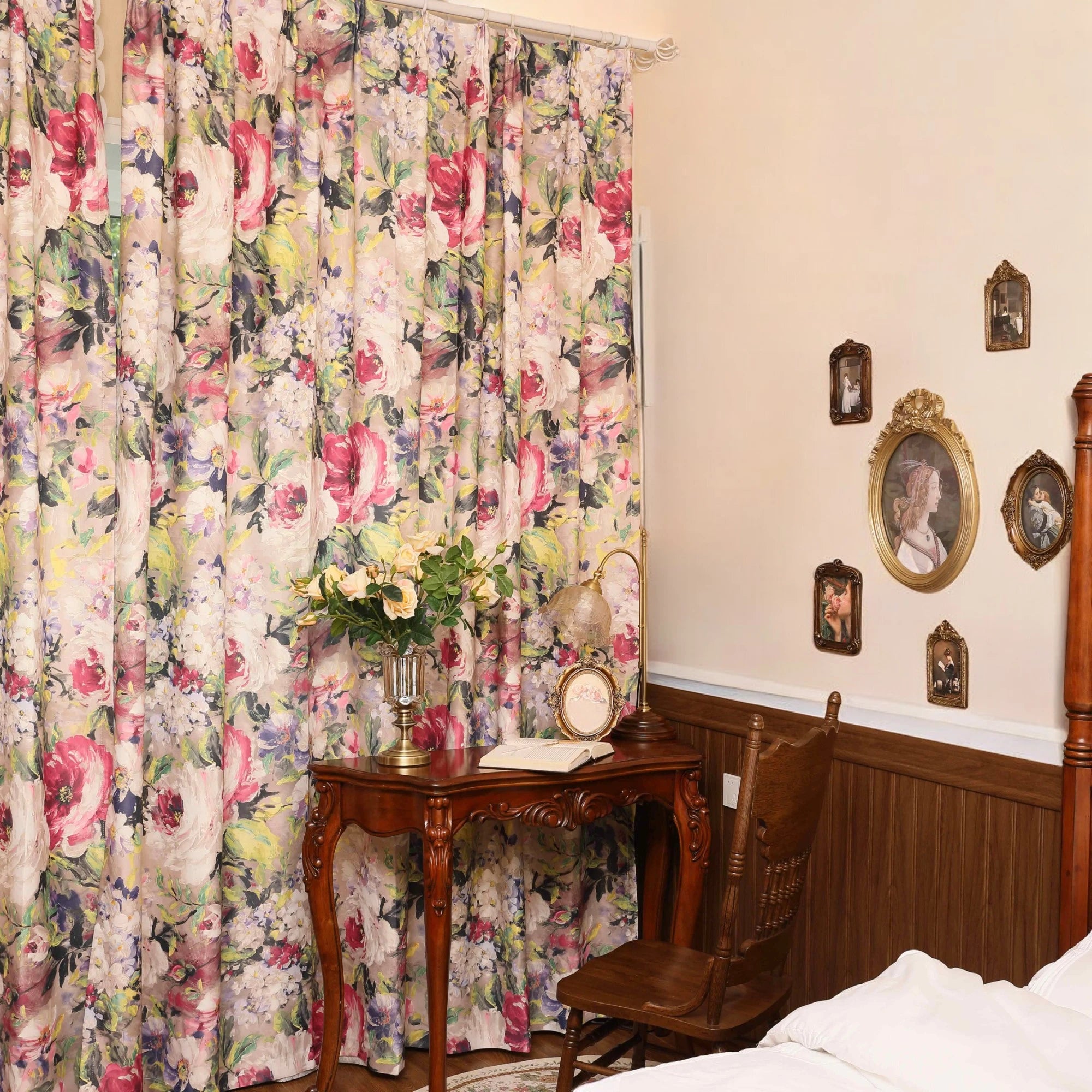 Custom French Botanical Canvas Blackout Curtains for Bedroom & Living Room - Elegant Floral Print Window Treatments for Light Blocking & Privacy