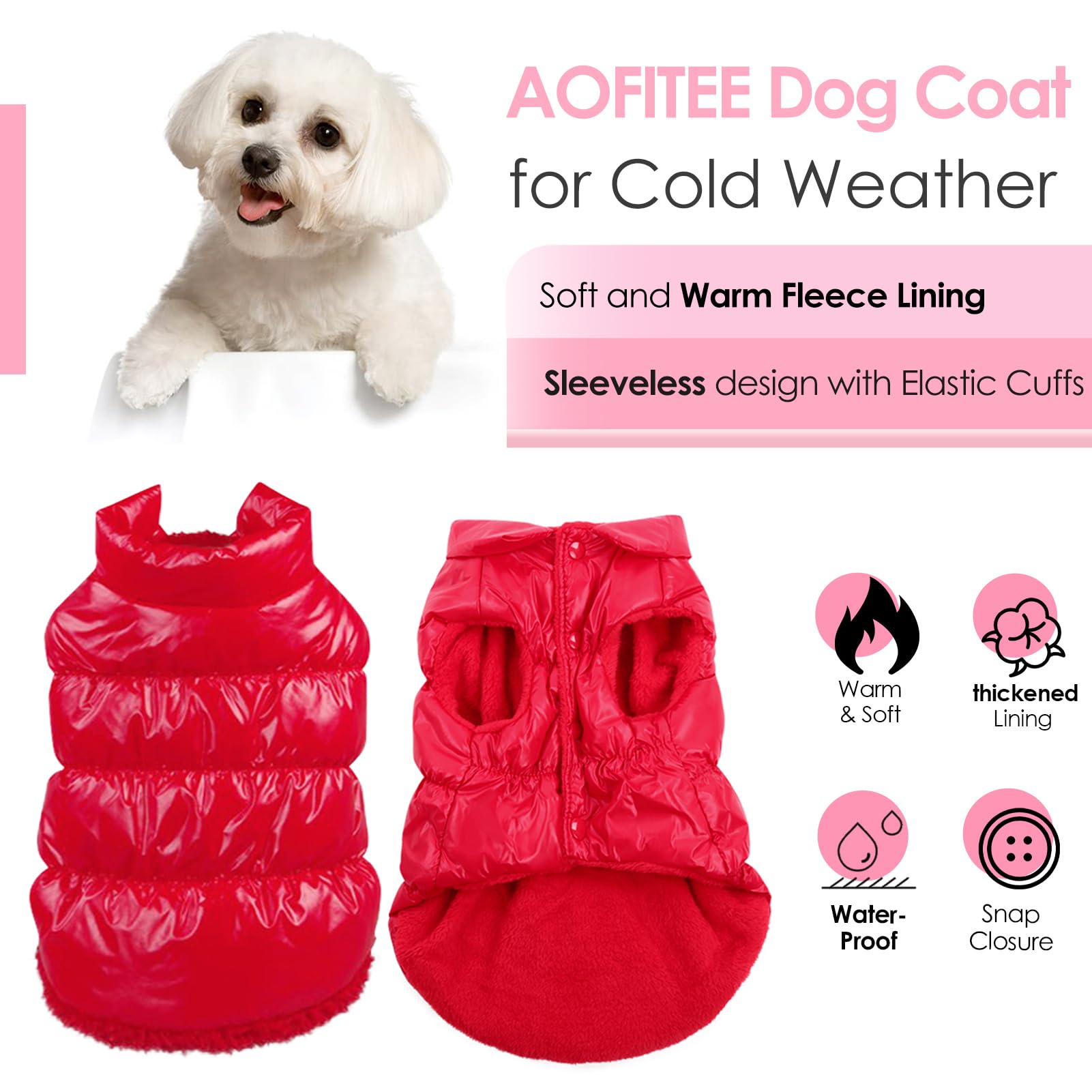 **AOFITEE Waterproof Dog Jacket - Fleece-Lined Winter Coat for Small & Medium Dogs, Warm Puffer Snowsuit Vest for Cold Weather (Red, Size L) - Ideal for Outdoor Walks, Snow Play & Winter Adventures**