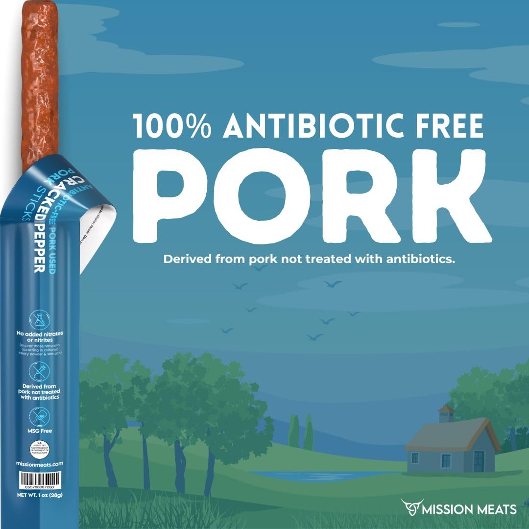 Mission Meats Cracked Pepper Pork Meat Sticks – Healthy Protein Snacks for Kids & Adults | Sugar Free, AIP Friendly, Paleo & Whole30 Approved | 1oz (Pack of 48) | Perfect for On-the-Go, Hiking & Lunchboxes