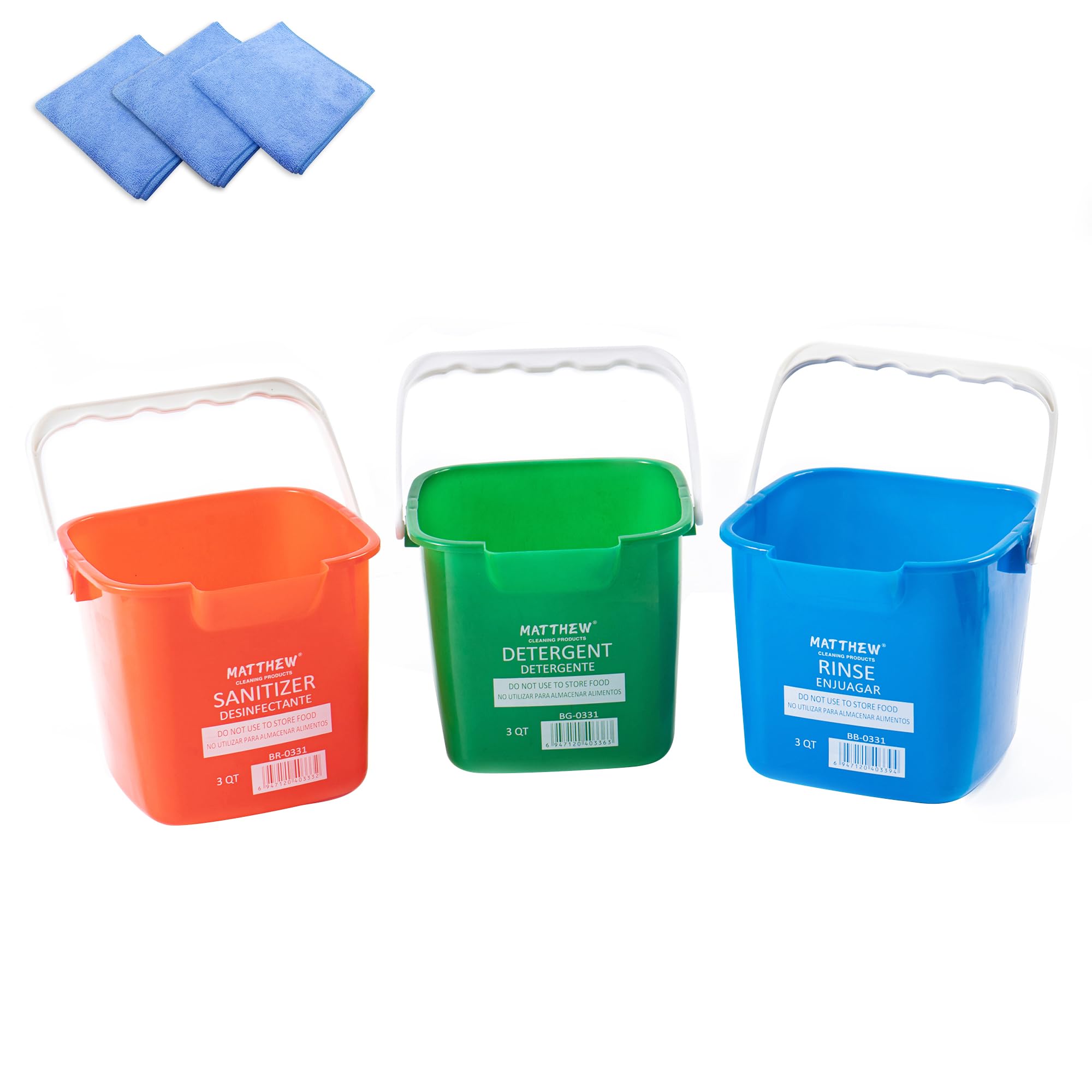 3-Piece Detergent & Sanitizing Bucket Set - Red/Green/Blue - 3Qt with Spout & Microfiber Cloths for Kitchen & Bathroom Cleaning
