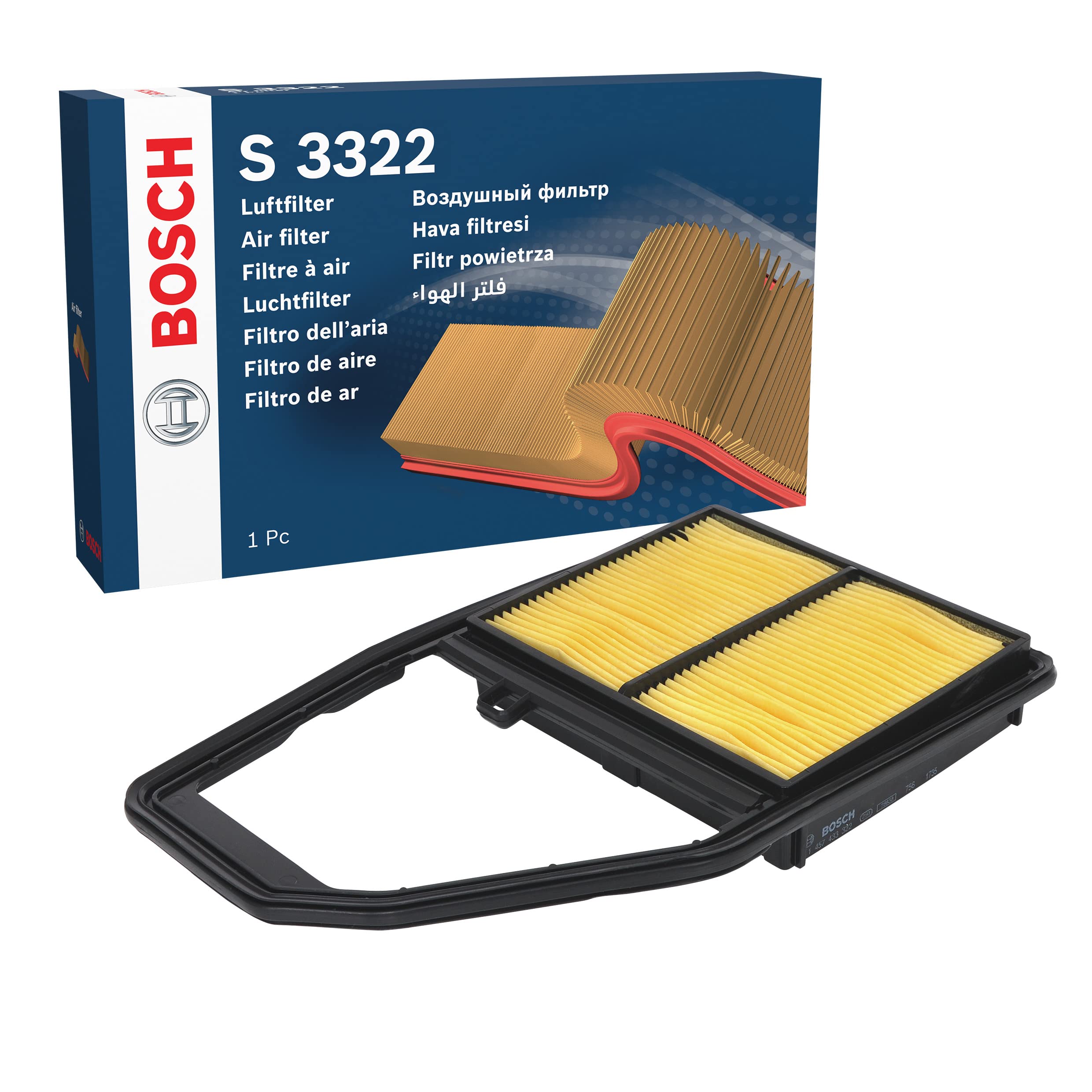Bosch S3322 Premium Car Air Filter - High Performance Engine Protection for Sedans, SUVs & Trucks | Improves Airflow & Reduces Dust | Perfect for City Driving & Off-Road Adventures
