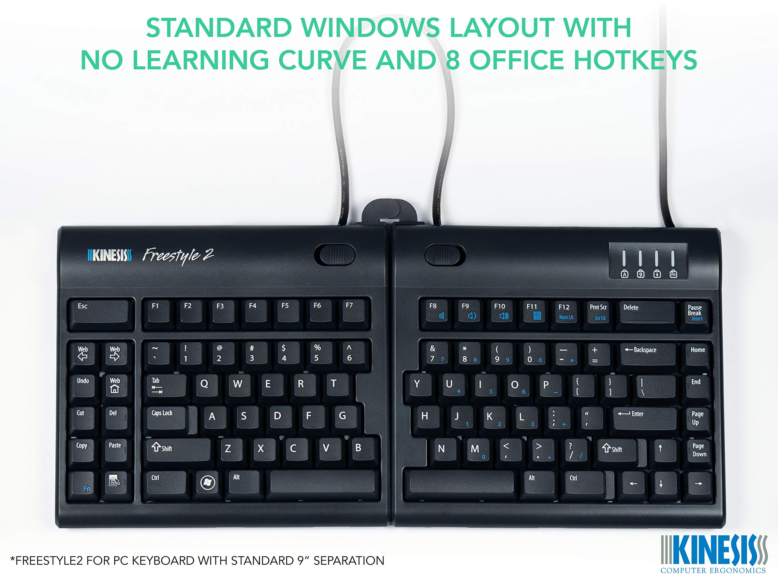 Kinesis Freestyle2 Ergonomic Split Keyboard for PC - US English Layout, Black, 9 Inch Adjustable Separation with VI Technology - Perfect for Office Work, Gaming & Typing Comfort