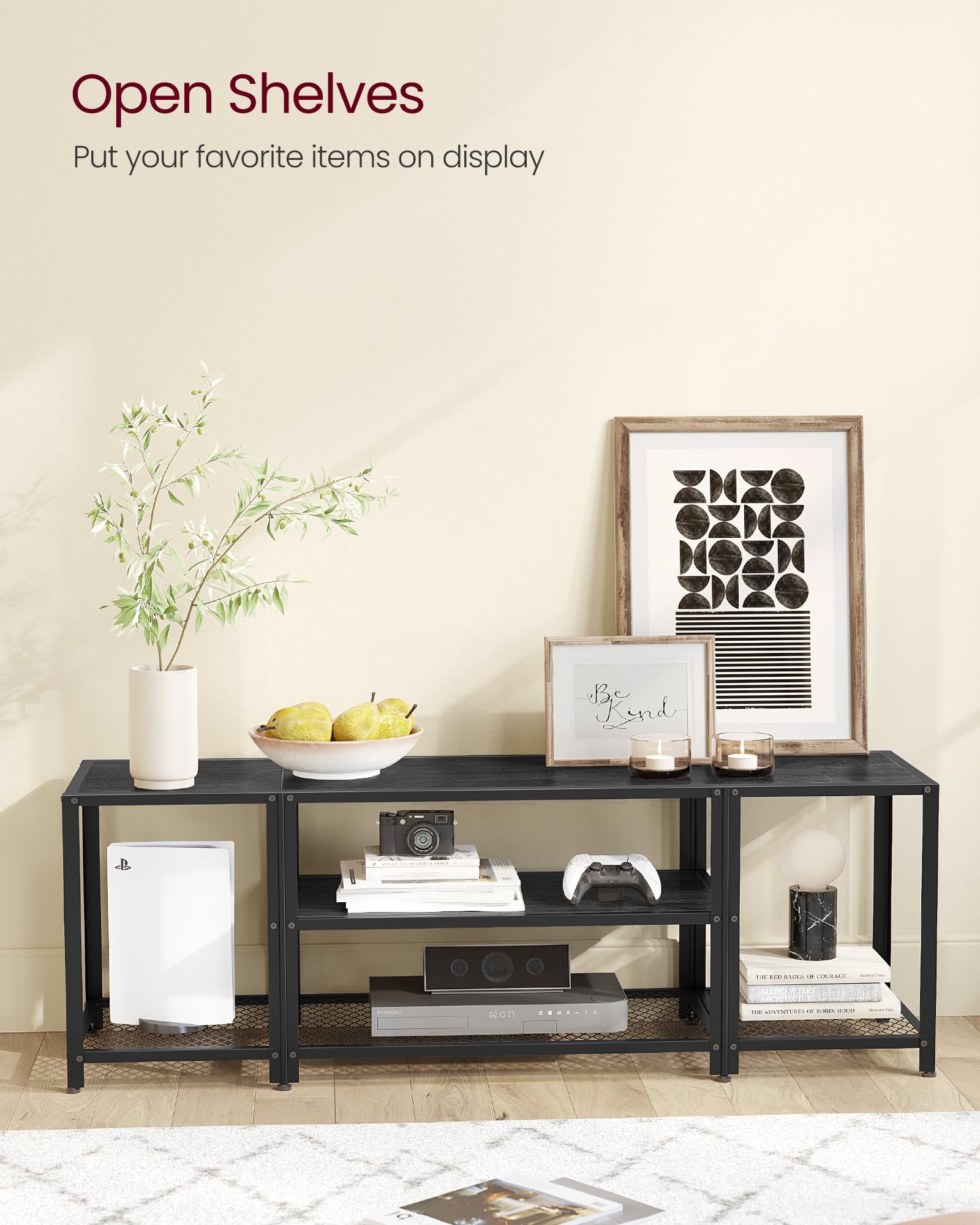 VASAGLE 65 Inch Modern TV Stand, 3-Tier Industrial Entertainment Center with Open Storage Shelves - Wood Grain Black TV Console Table for Living Room & Bedroom - Perfect for Home Theater Setup & Media Storage Organization