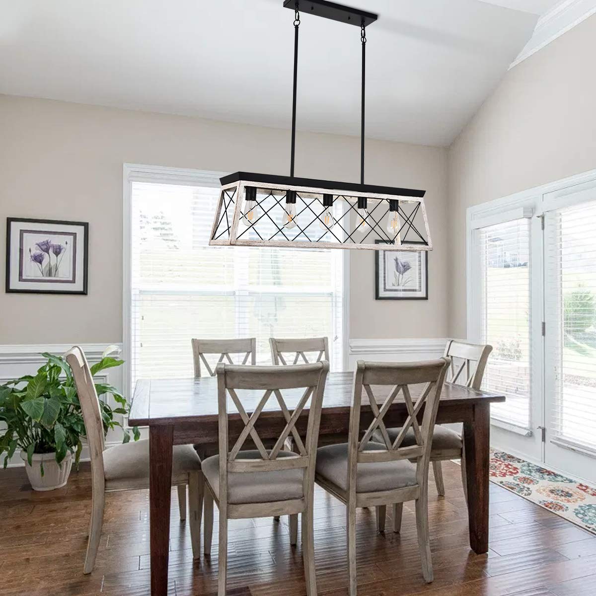 Rustic Farmhouse Kitchen Island Chandelier - 5-Light White Wood Finish Linear Hanging Light Fixture for Dining Room & Modern Kitchen | Perfect Over Table, Breakfast Nook & Bar Counter Lighting