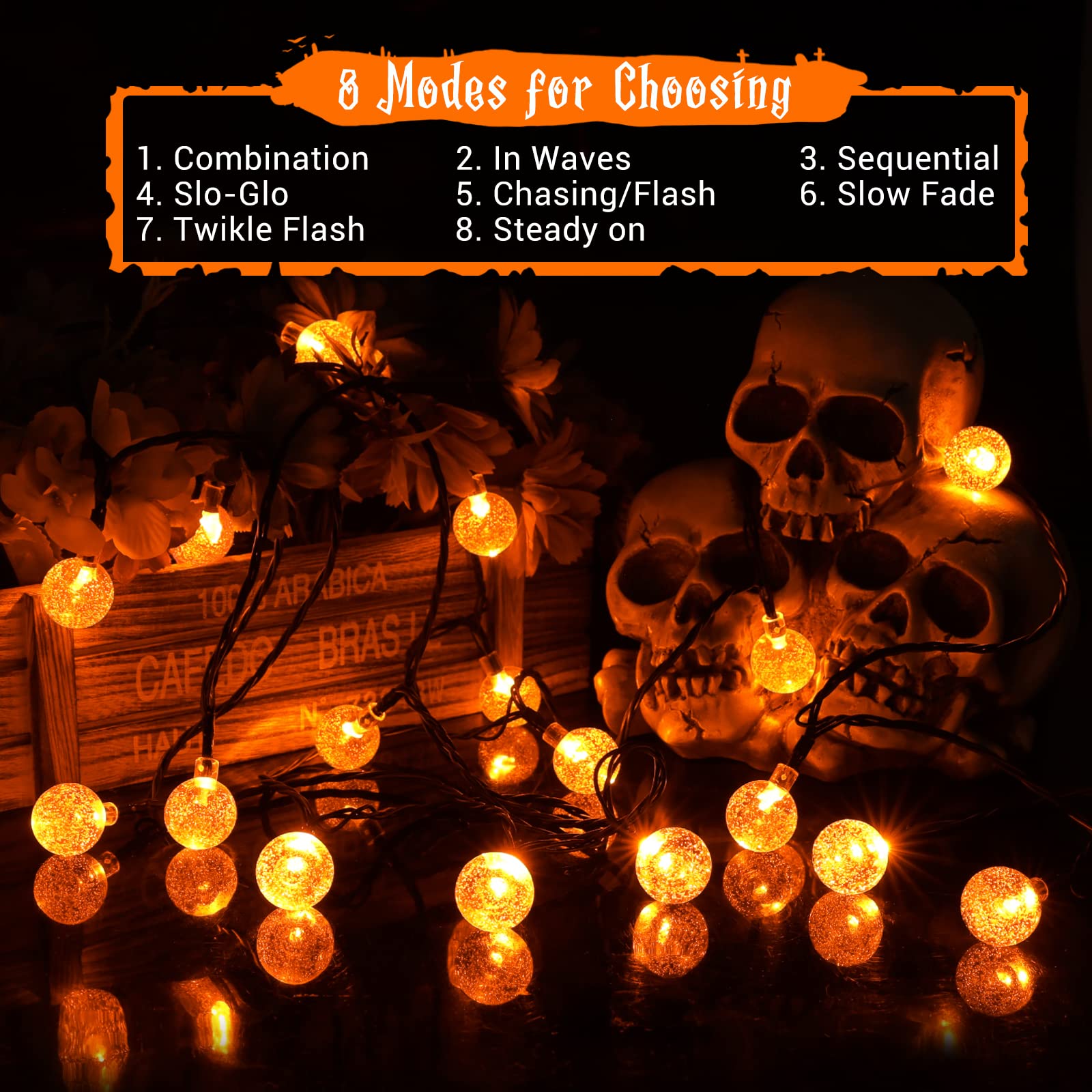 Lomotech 72FT 100 LED Orange Solar Halloween String Lights - Waterproof Outdoor Halloween Decorations with 8 Lighting Modes for Yard, Garden, Party, and Holiday Decor