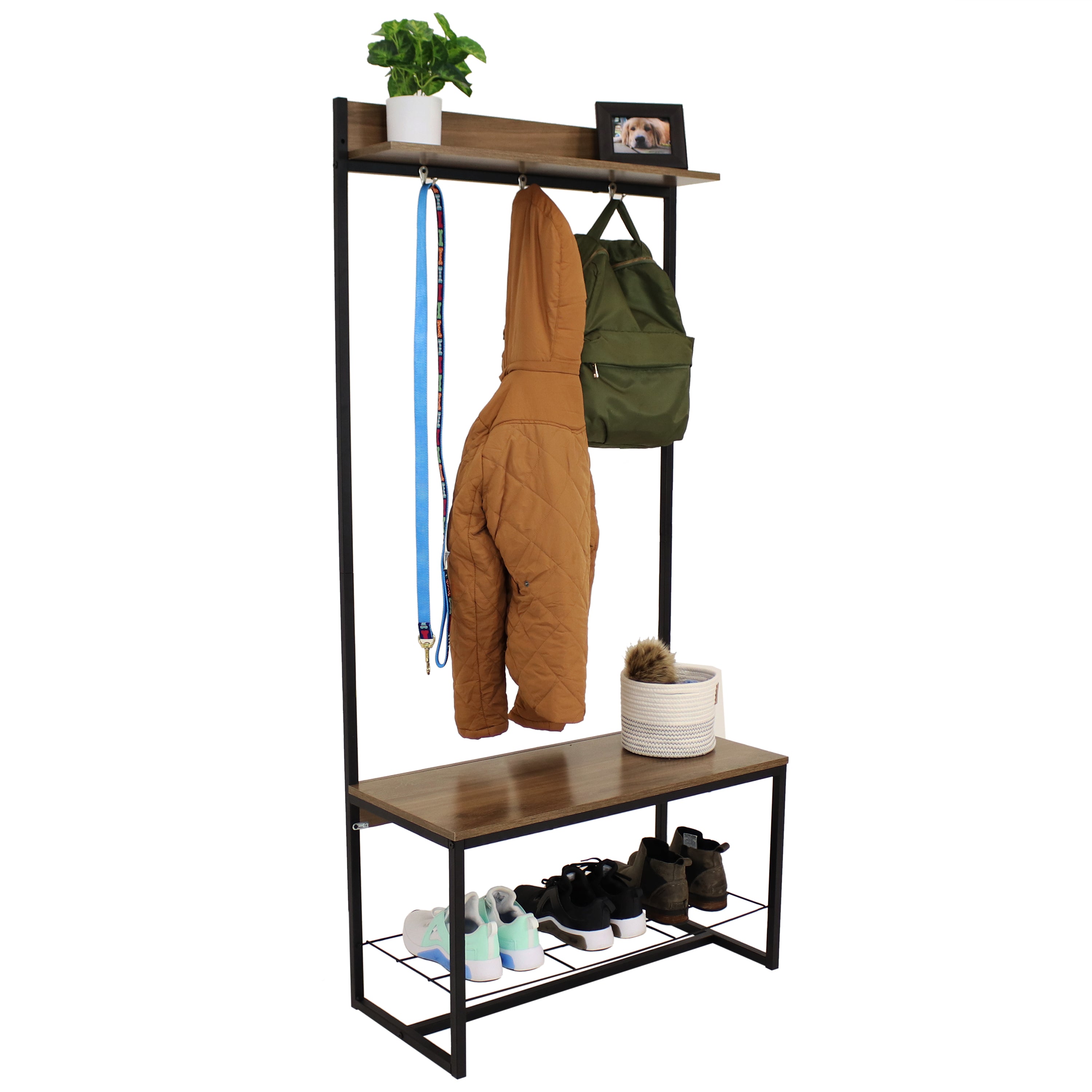 Sunnydaze Industrial Entryway Storage Bench with Coat & Shoe Rack - 67