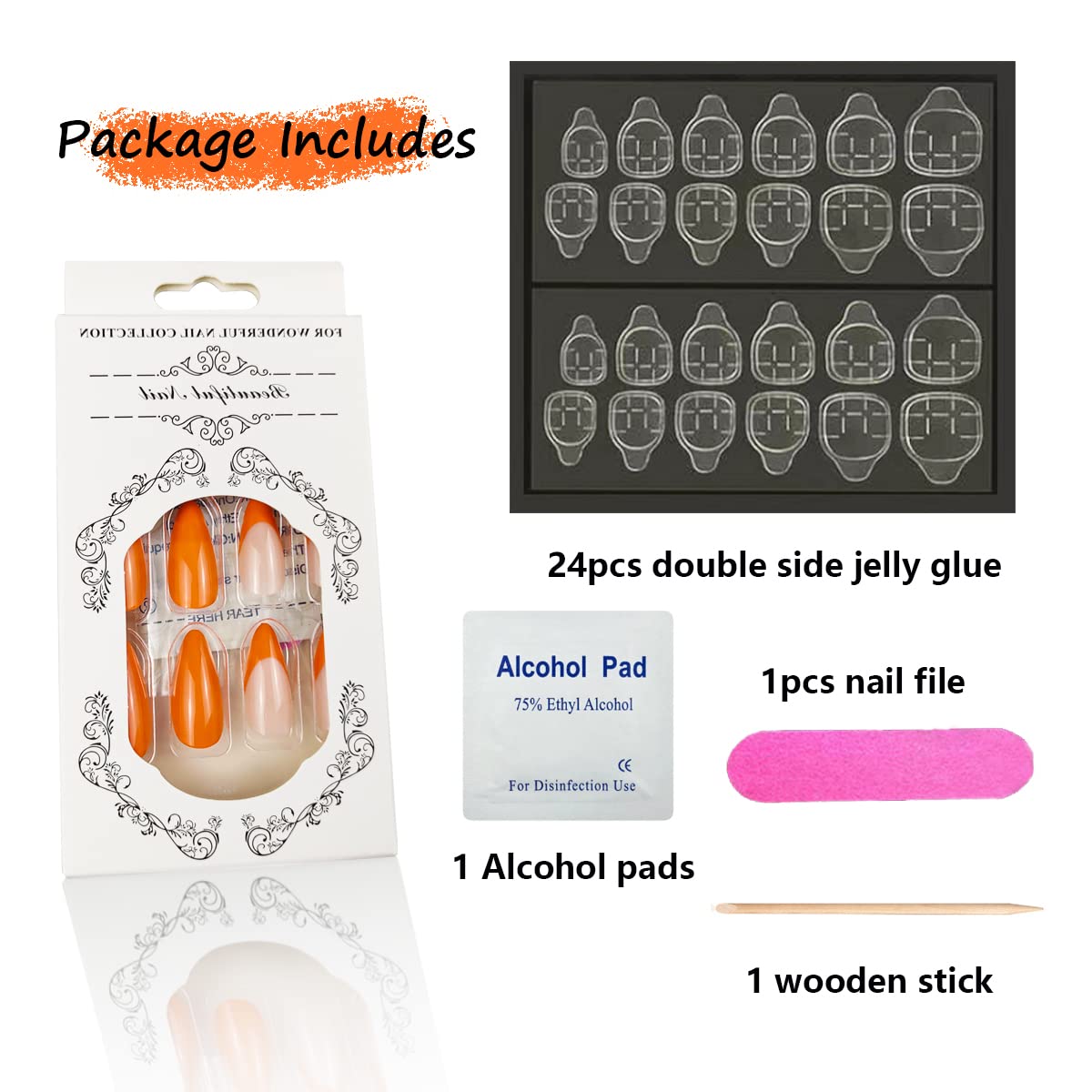24Pcs French Orange Tips Almond Press on Nails - Medium Acrylic False Nails with Self Adhesive for Women & Girls | Fall Nail Art Supplies, Full Cover Fake Nails for Autumn Parties & Special Occasions
