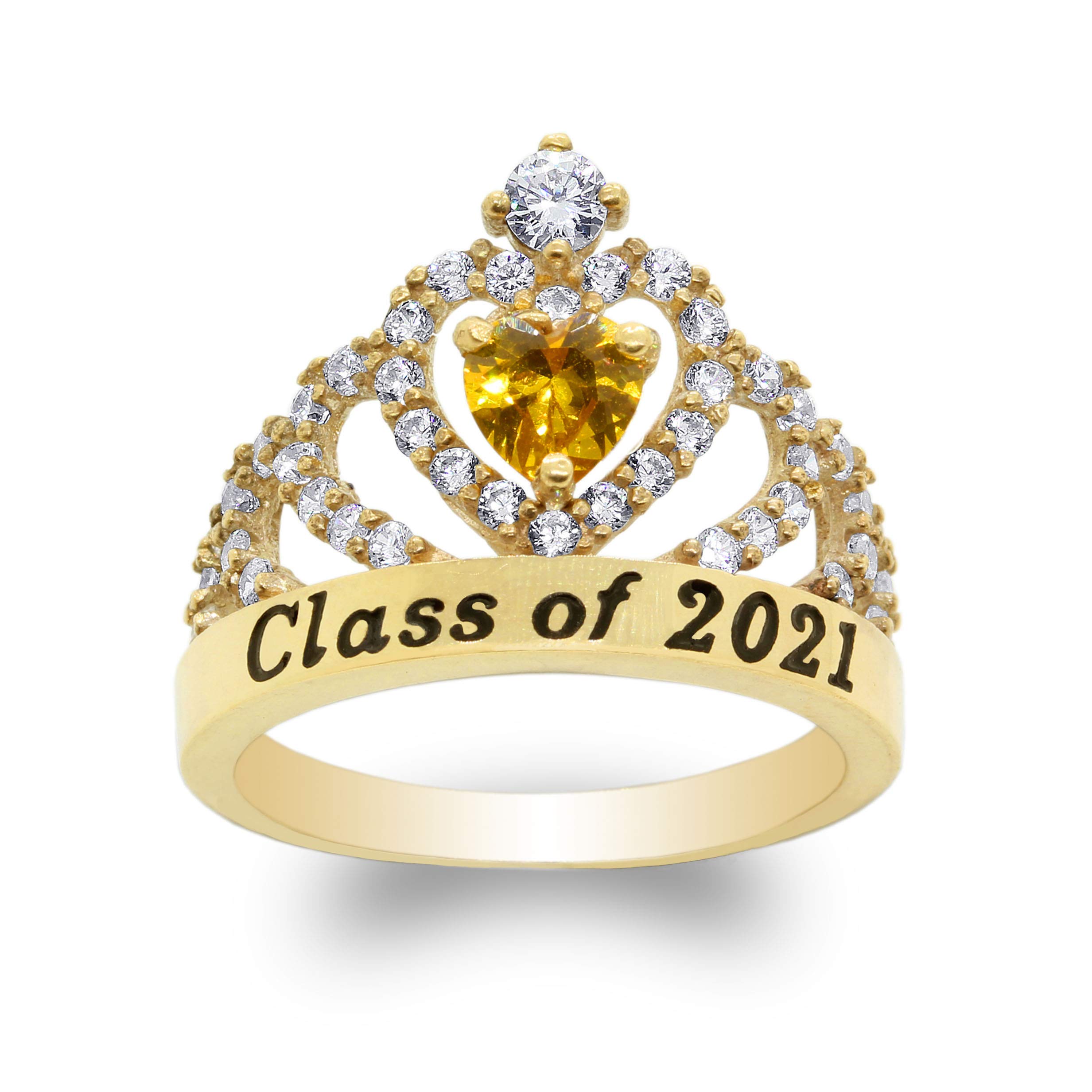 14K Yellow Gold Class of 2021 Graduation Ring with 0.5ct Heart Citrine & CZ - Size 5-10 - Perfect for High School & College Graduation Gifts, Prom Jewelry, and Special Occasions