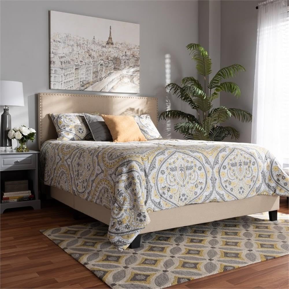 BOWERY HILL Full Size Beige Linen Upholstered Panel Bed with Nailhead Trim - Modern Bedroom Furniture for Master Bedroom, Guest Room & Apartment Decor